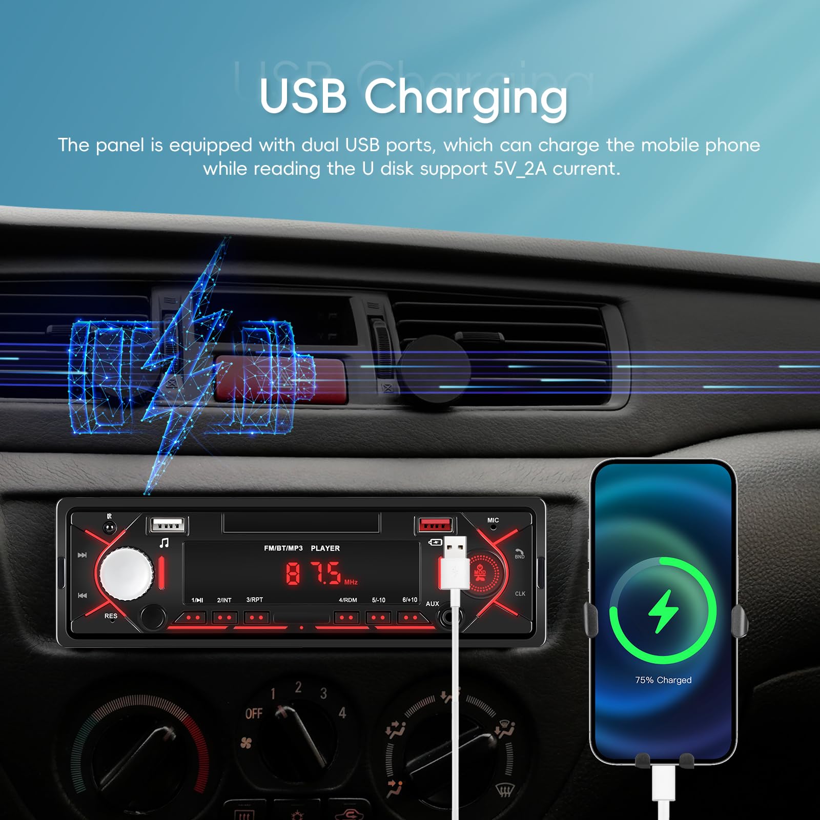 Autoradio 1 Din Bluetooth 5.0 Auto Radio mit Bluetooth Freisprecheinrichtung FM Radio/2 USB/TF/AUX IN RCA Autoradio 1 DIN MP3 Player Stereo-Receiver für Auto, Schnellladung