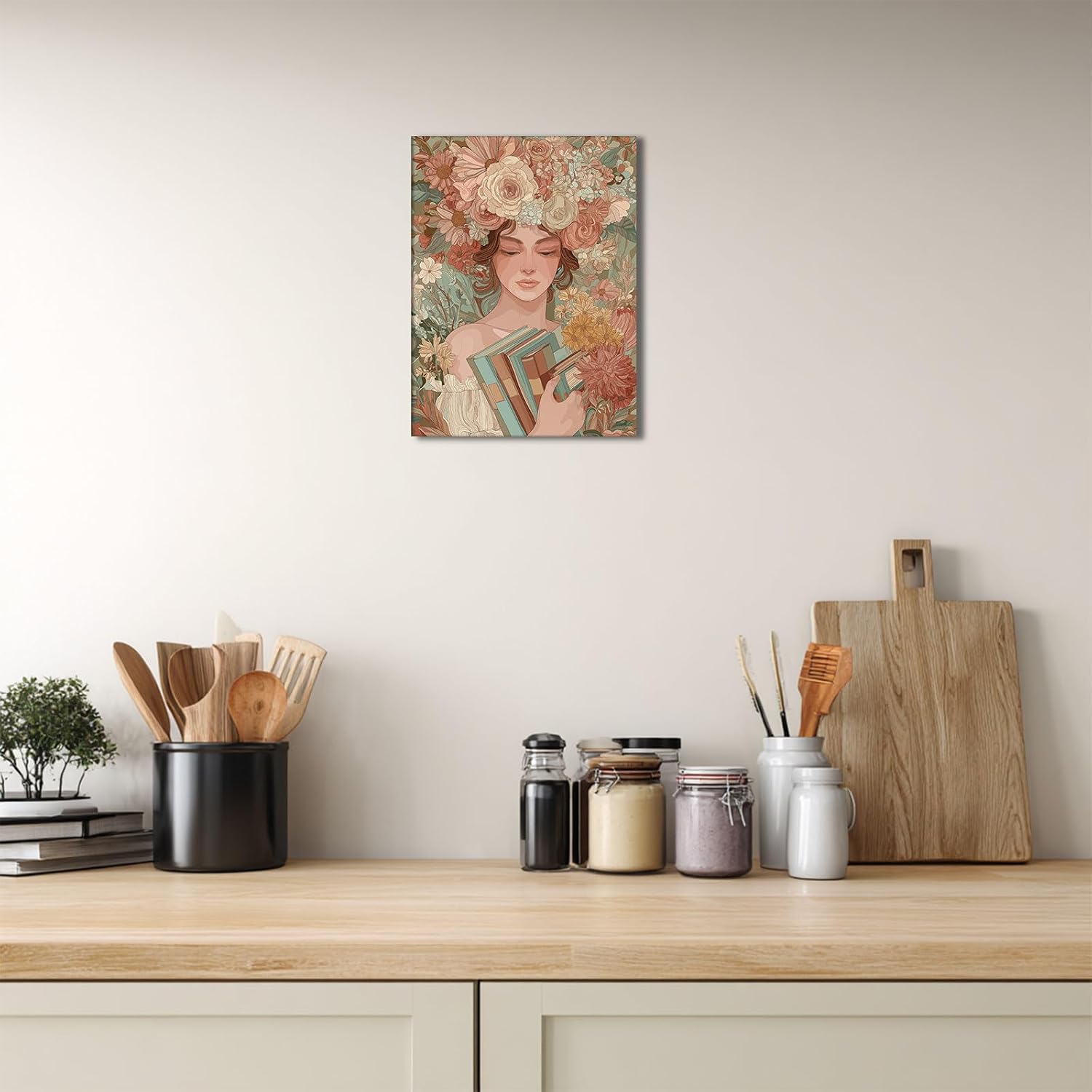 Halioyo Floral Canvas Wall Art, Vintage Floral Woman Reading Books Canvas Painting, Modern Aesthetics Wall Decor, Boho Flower Goddess Poster Prints for Home Office Decor(12x16 Inch)