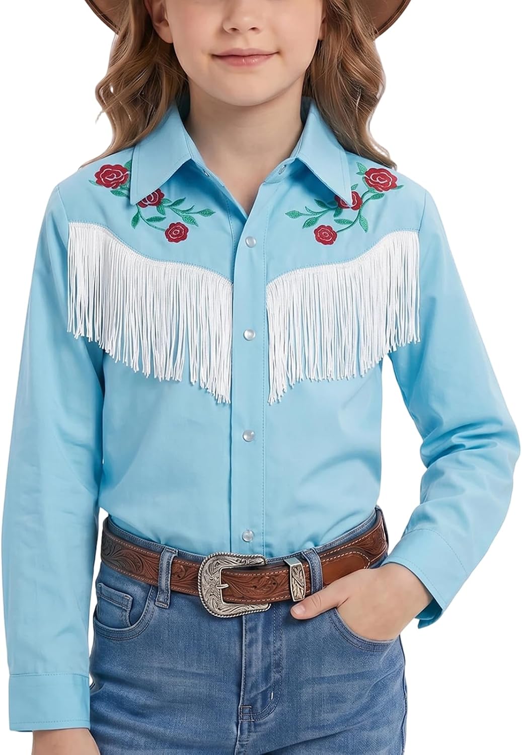 Spring&Gege Girls Western Shirt Cowgirl Fringe Floral Embroidered Pearl Snap Button Down Long Sleeve Blouse Tops