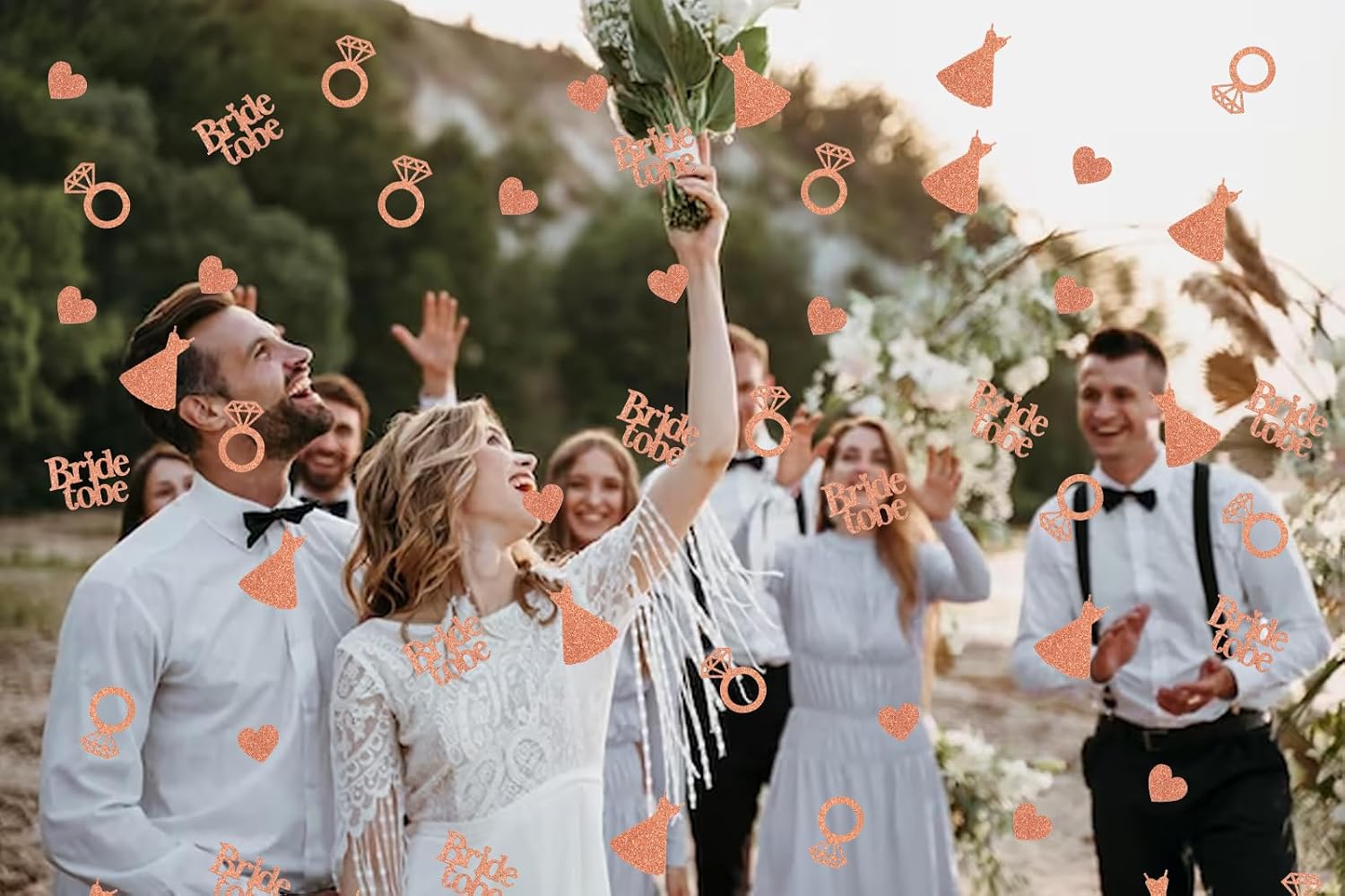 ABTOLS 200pcs Rose Gold Wedding Table Confetti, Glitter Paper Heart Diamond Ring Confettis for Bridal Shower Decor Bride to Be Confetti for Engagement Party Table Scatter Decor