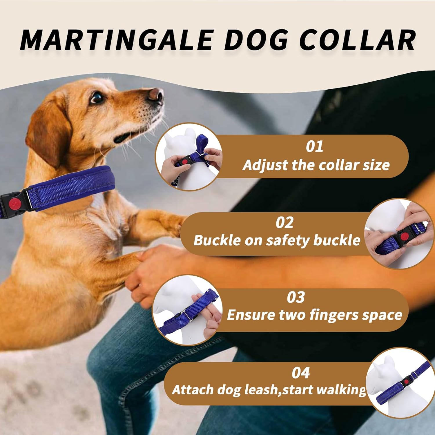 No Pull Martingale Dog Collar for Large Medium Small Dogs, Heavy Duty Nylon Reflective Adjustable Anti Pull Slip Collar with Buckle for Training Walking M Dark Blue