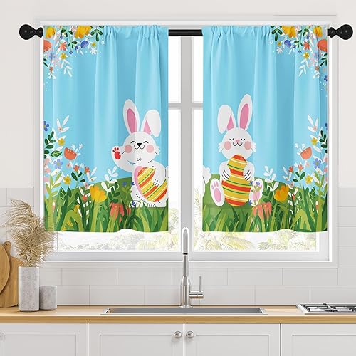 Arttown Cortinas de cocina con conejo de Pascua feliz, juego de 2 cortinas cortas para ventana de pastizales verdes para cocina, sobre fregadero, Arttown Cortinas de cocina con conejo de Pascua feliz, juego de 2 cortinas cortas para ventana de pastizales verdes para cocina, sobre fregadero,