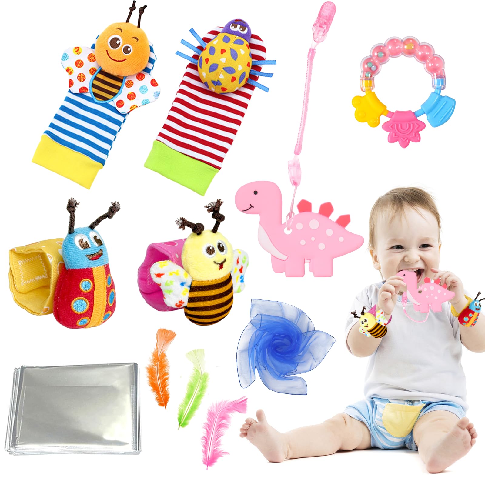 12 Pcs Baby Sensory Toy Set Sensory Foil Blanket Baby Wrist Rattles Rattle Socks Sensory Scarf Feathers for Babies Newborn Sensory Toy Scarf Feathers for 0 3 6 9 12 Months Early Learning Autism ADHD