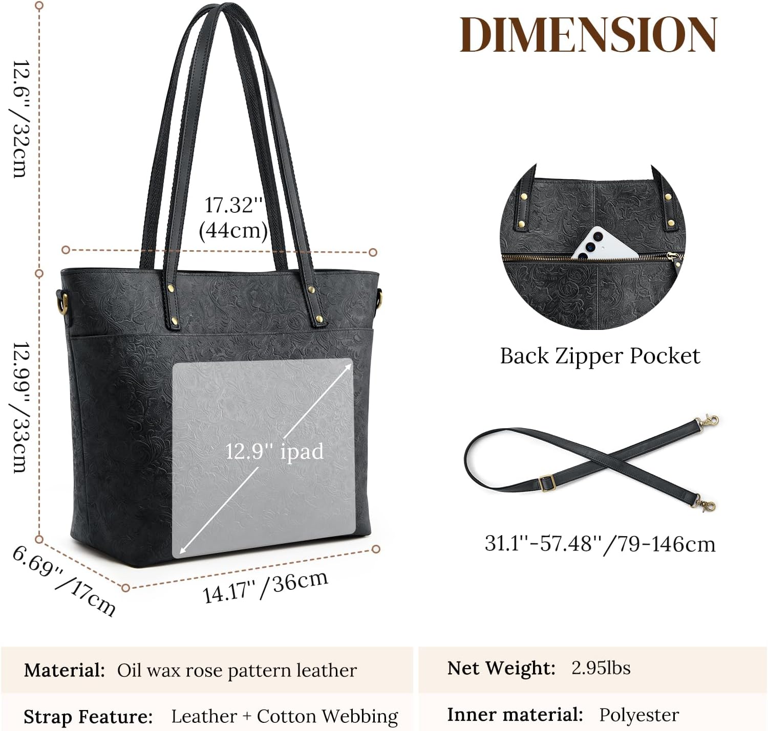 S-ZONE Leather Tote Bag for Women Large Work Totes Designer with Adjustable Strap - Image 3