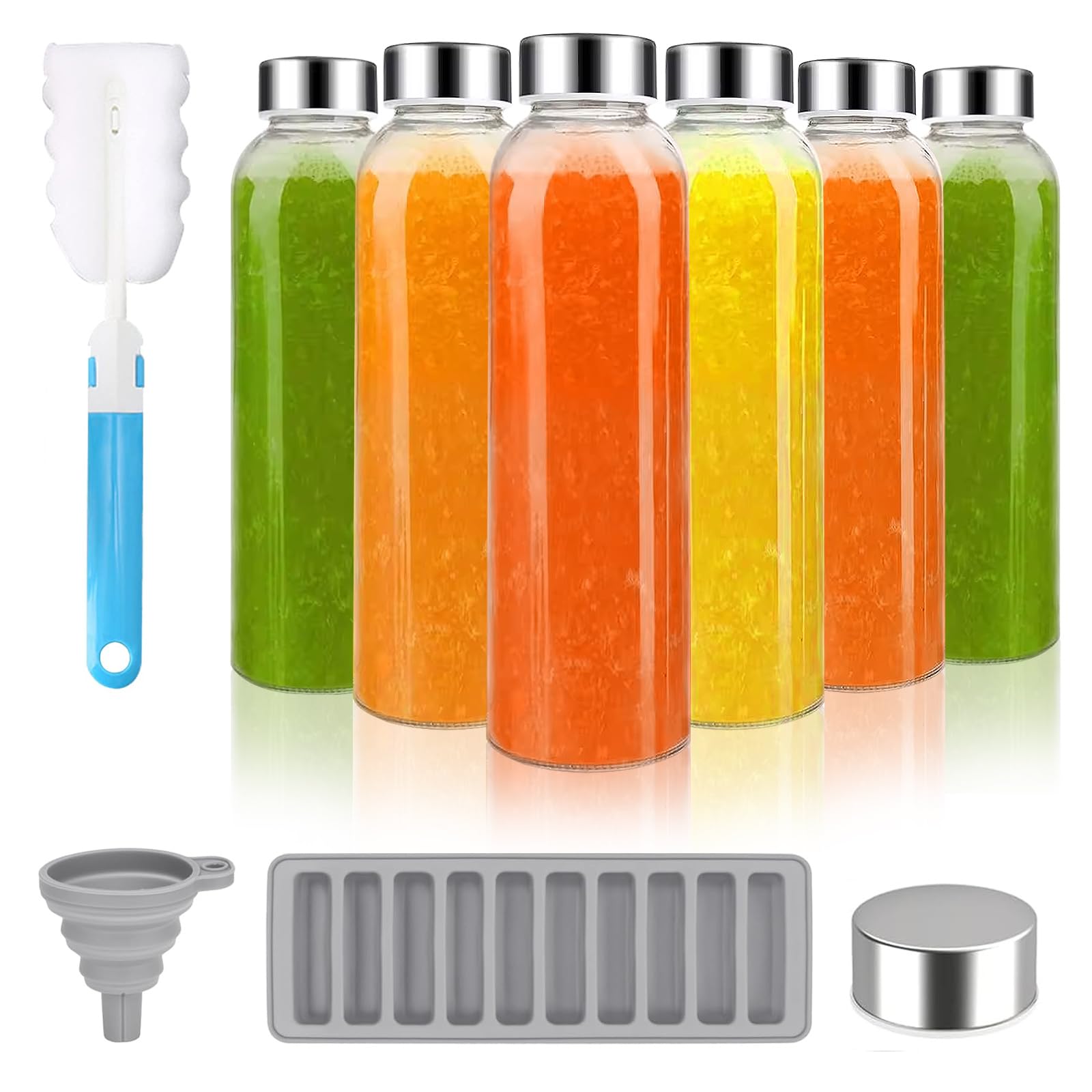ZhouZGlass Glass Juice Bottles with Lids for Juicing 500ml, Reusable Clear Glass Water Bottles with Stainless Steel Airtight Cap for Refrigerator, 100% Leak Proof, BPA Free, Set of 6