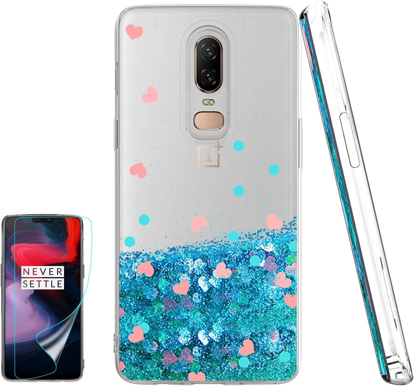 Atump Compatible with OnePlus 6 Cases with Screen Protector for Girls Women, Luxury Bling Diamond Quicksand Liquid Clear TPU Protective Phone Case Phone Cover for OnePlus 6 Blue