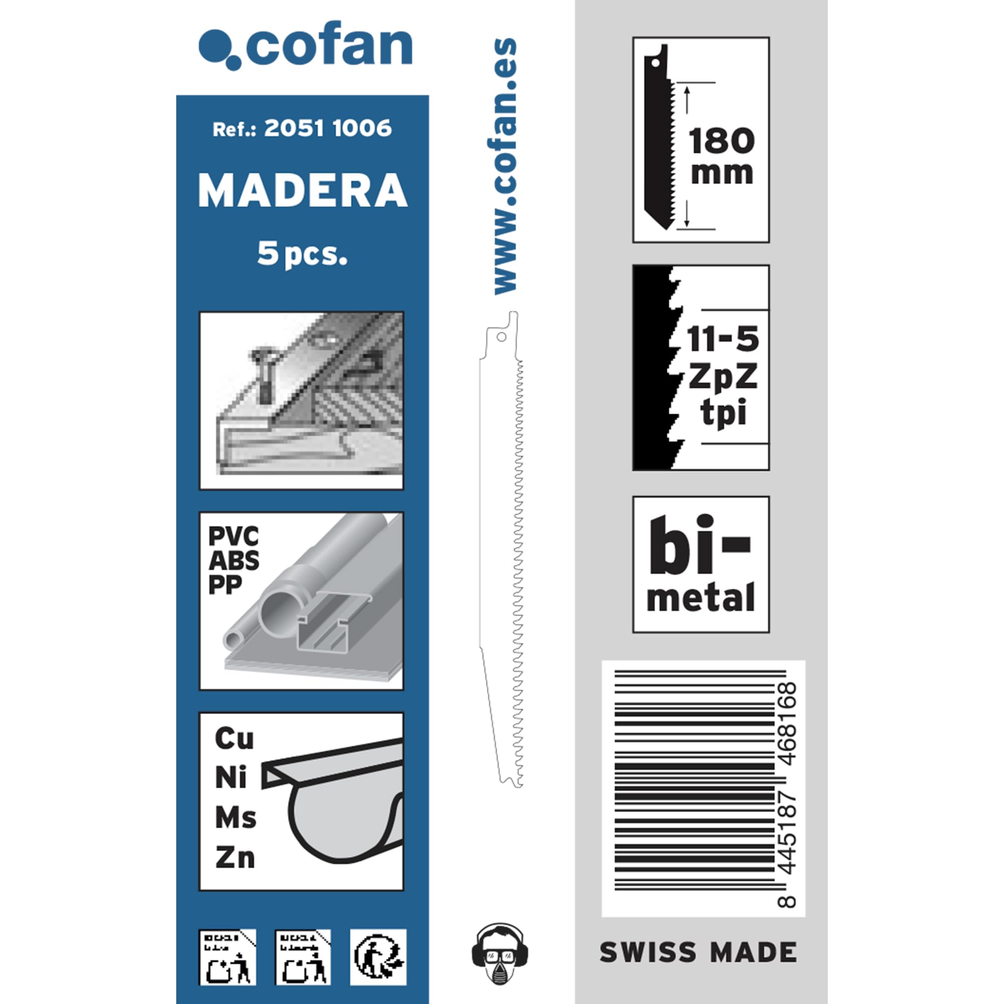 Cofan Brzeszczoty do piły szablastej do drewna, tworzywa sztucznego i metalu, 5 sztuk, 180 x 11-5 mm, uniwersalne brzeszczoty do cięcia wielu materiałów, ostre zęby