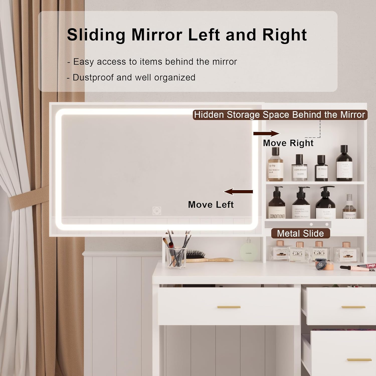 Makeup Vanity Desk with Mirror and Lights, Vanity Table Set with 31" Large HD Mirror, 5 Drawers, Storage Shelve, Cushioned Stool, White Vanity for Bedroom, 3 Lighting Color Modes