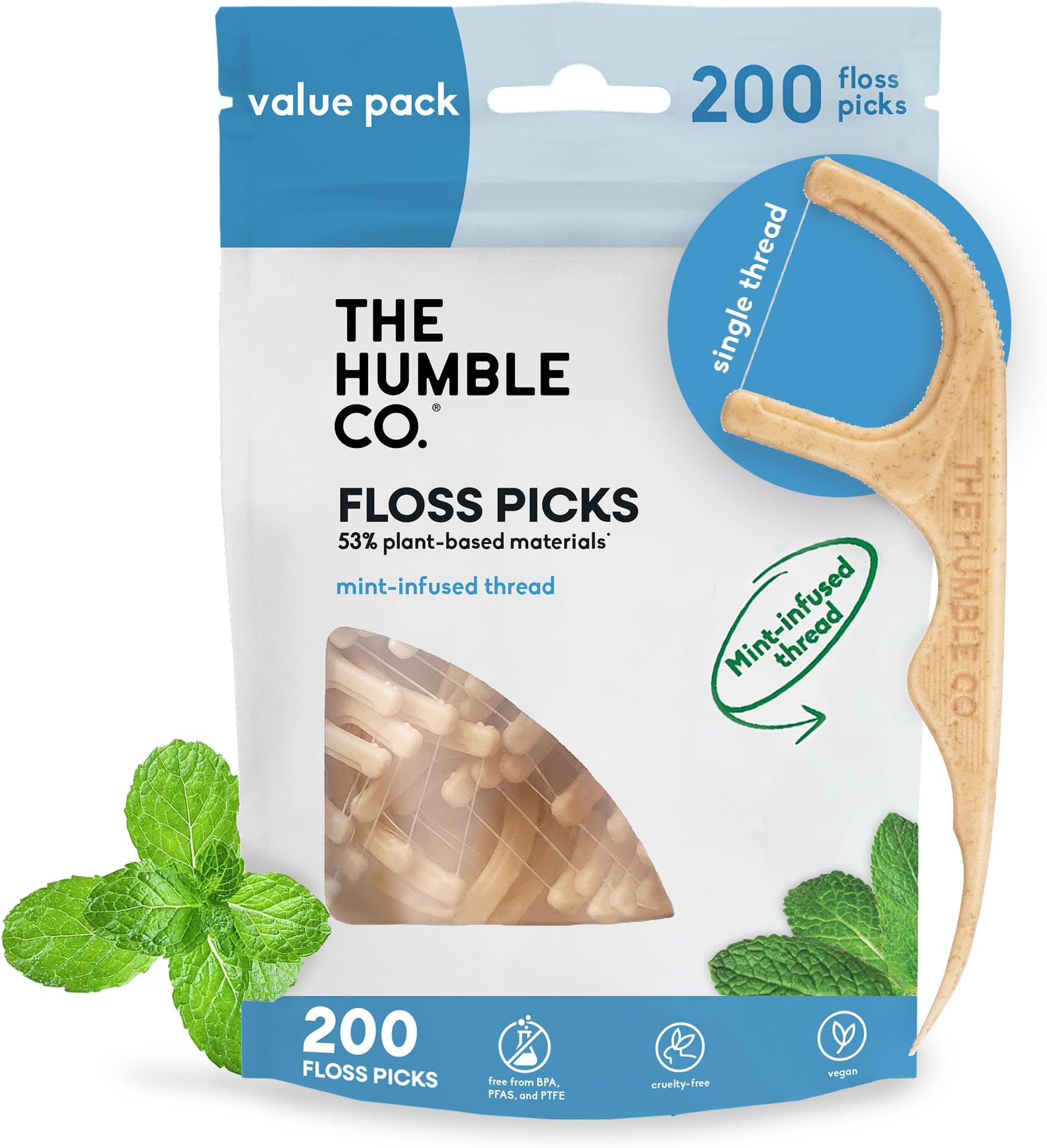 The Humble Co. Dental Floss Picks, Single Thread, Mint (200 Count)