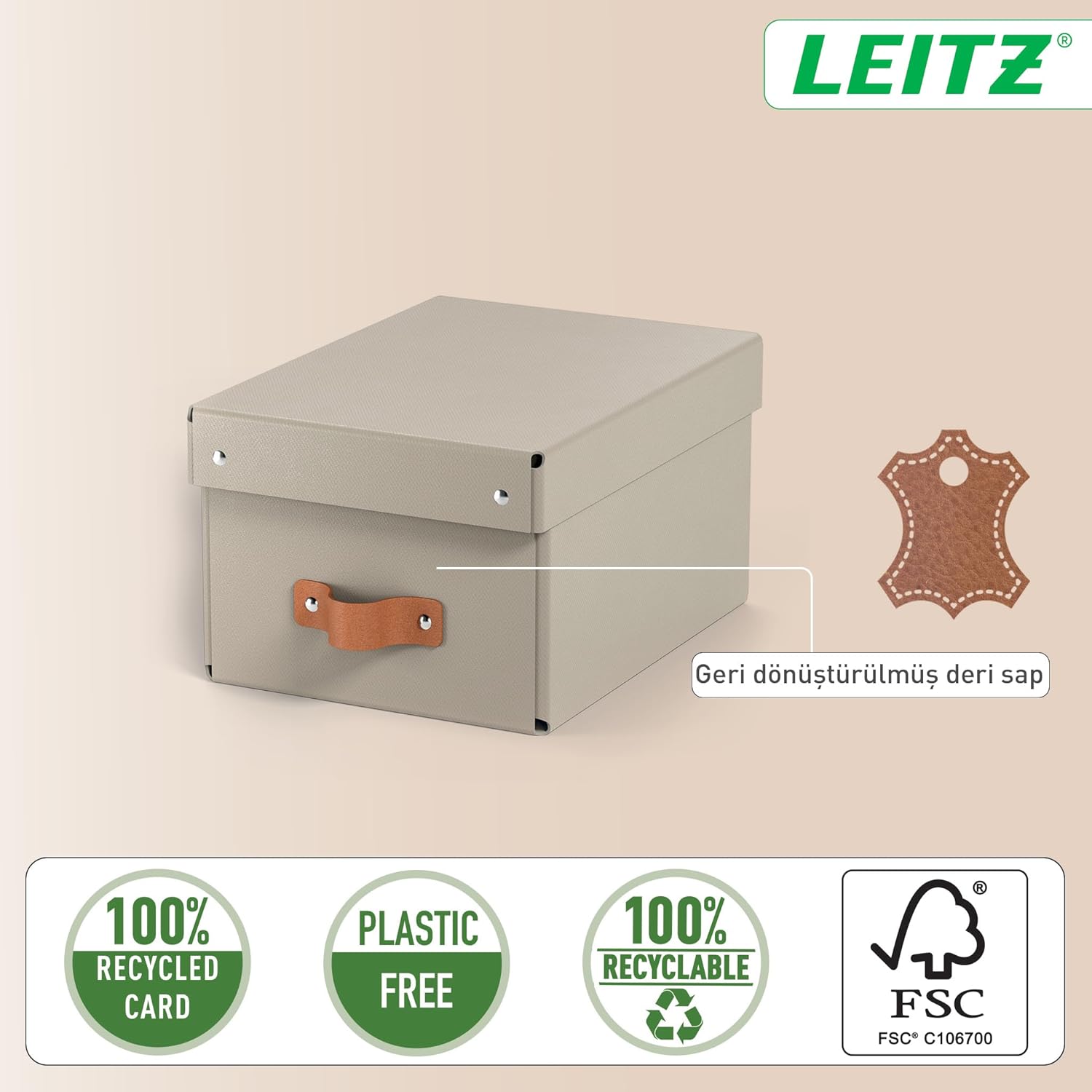 Leitz Puro Small Storage Box with Lid – Set of 2 Durable Storage Boxes, Compatible with Cube Units & Shelves, 7L Stackable Organiser, Suitable for Home & Office (20 x 28 x 15 cm, Sand Beige)