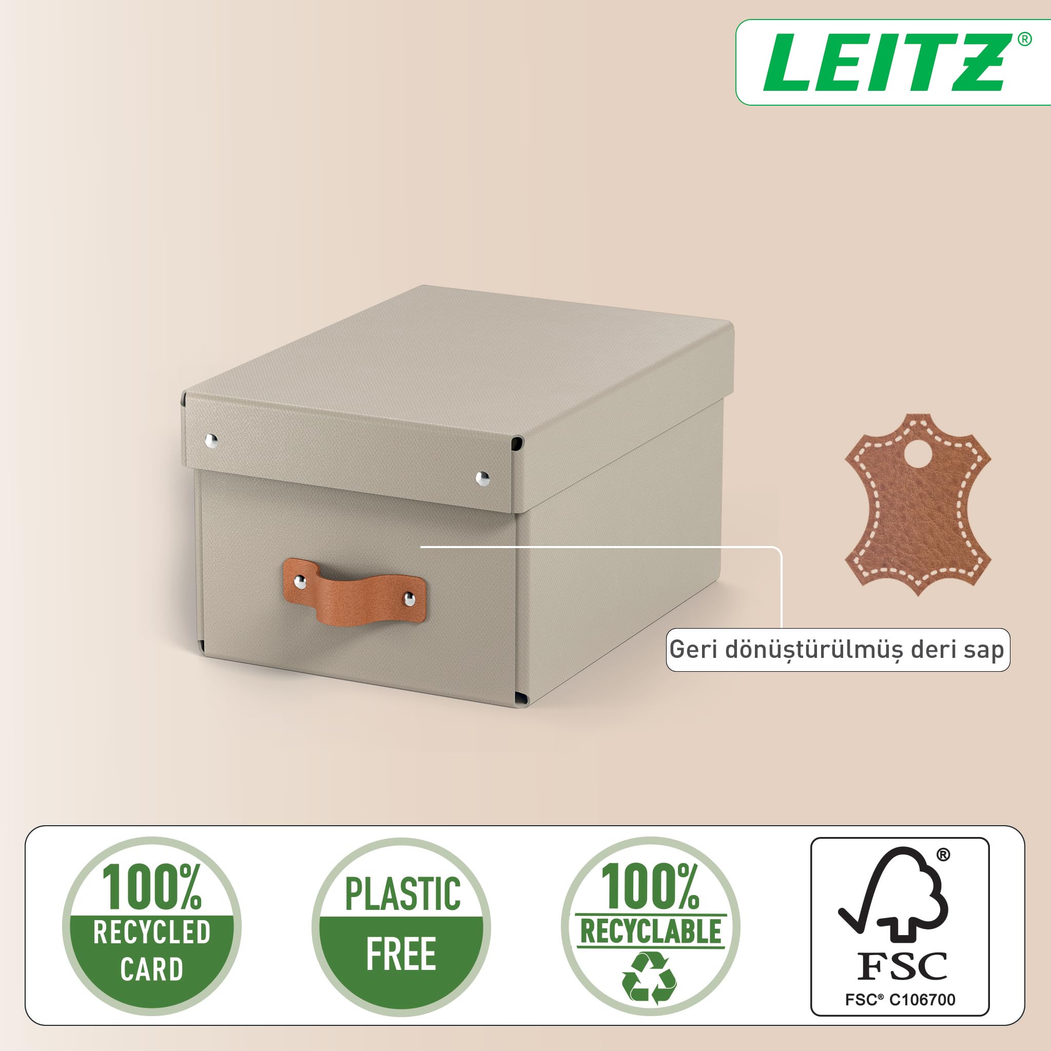 Leitz Puro Caja de Almacenamiento Pequeña con Tapa - Set de 2 Cajas de Almacenamiento, Compatibles con Cubos y Estanterías, Organizador Apilable 7L, Apto para Hogar y Oficina (20 x 28 x 15 cm, Beige)