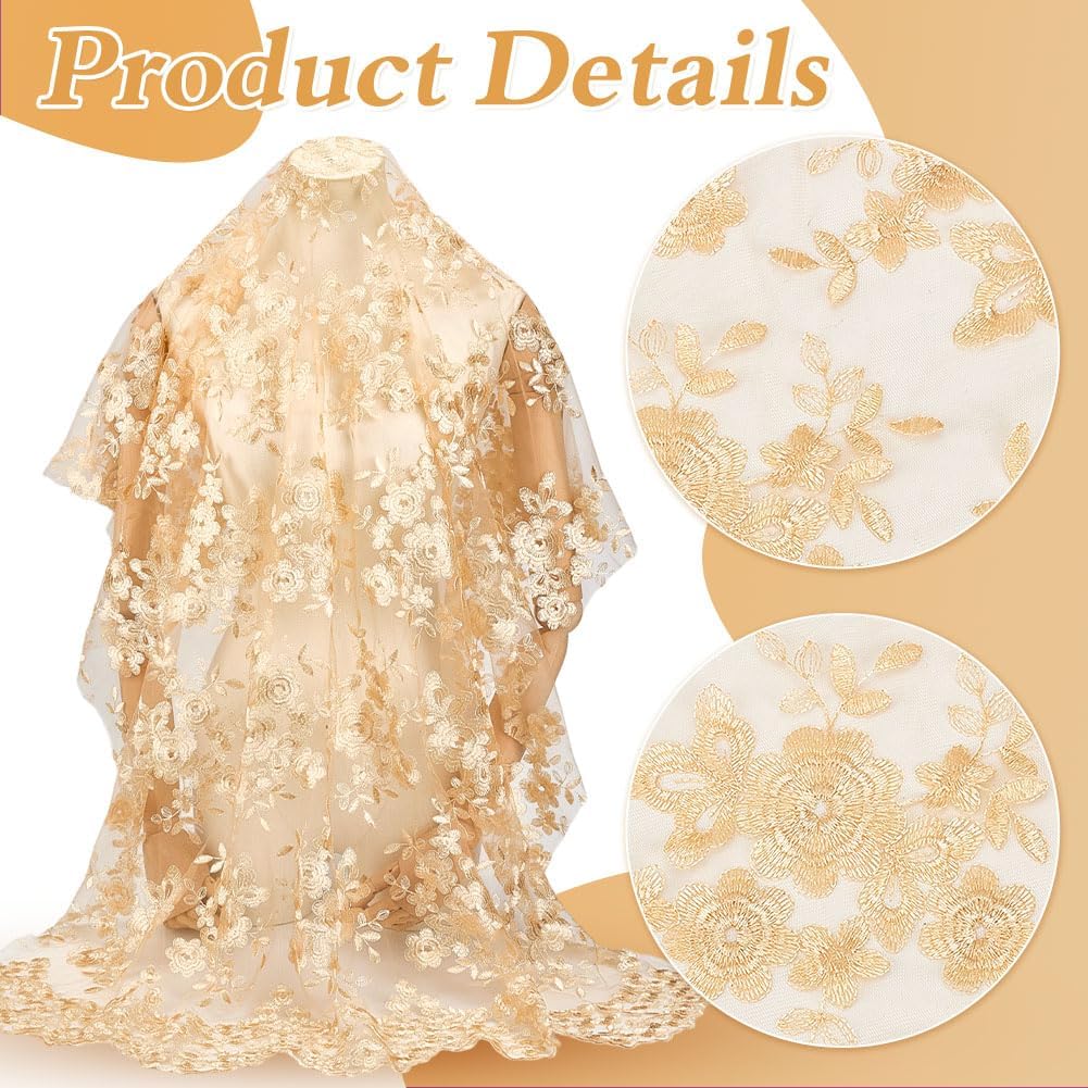 MAYJOYDIY 51 Inch Champagne Flower Mesh Lace Fabric Floral Leaves Embroidered Fabrics Vintage Wedding Accessories Tulle for DIY Dresses Half Skirt Dress Curtains Decor