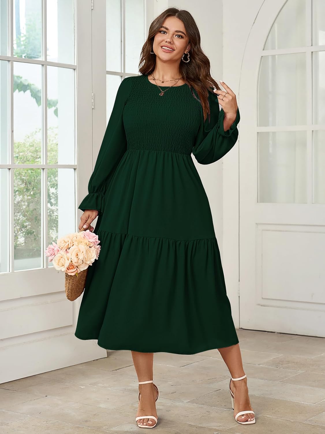 Women's Plus Size Dress Long Sleeve Crewneck Smocked Tiered Flowy Boho Wedding Party Maxi Dresses - Image 2