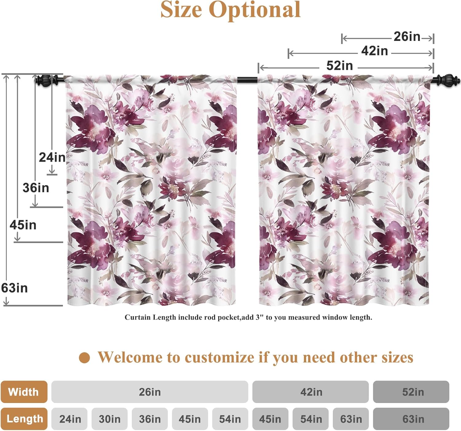 Renaiss 26 x 54 Inch Purple Flower Half Curtains Tier for Kitchen Bathroom Keep Privacy Light Filtering Cafe Decorative Curtain Watercolor Floral Rod Pocket Window Treatment for Dining Room 2 Panels