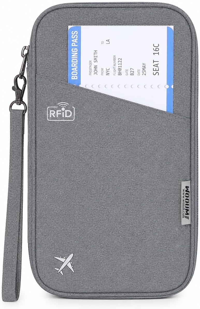 Wooum Passport Holder for Family, Passport Case Protection, Water Resistant Passport Bag for Men & Women, Travel Document Organizer, Passport Cover, Credit Cards Case for Travel, Light Grey