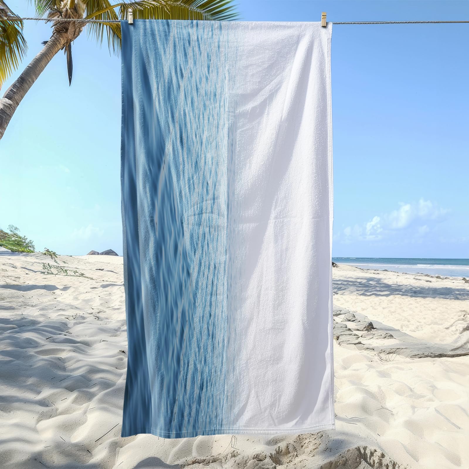 Serviette de Plage Blanc Bleu Clair Drap de Plage Anti Sable Portable Serviette de Bain XXL Piscine Toilette Sport Microfibre Ultraléger Towel Absorbant Séchage Rapide 200x200cm