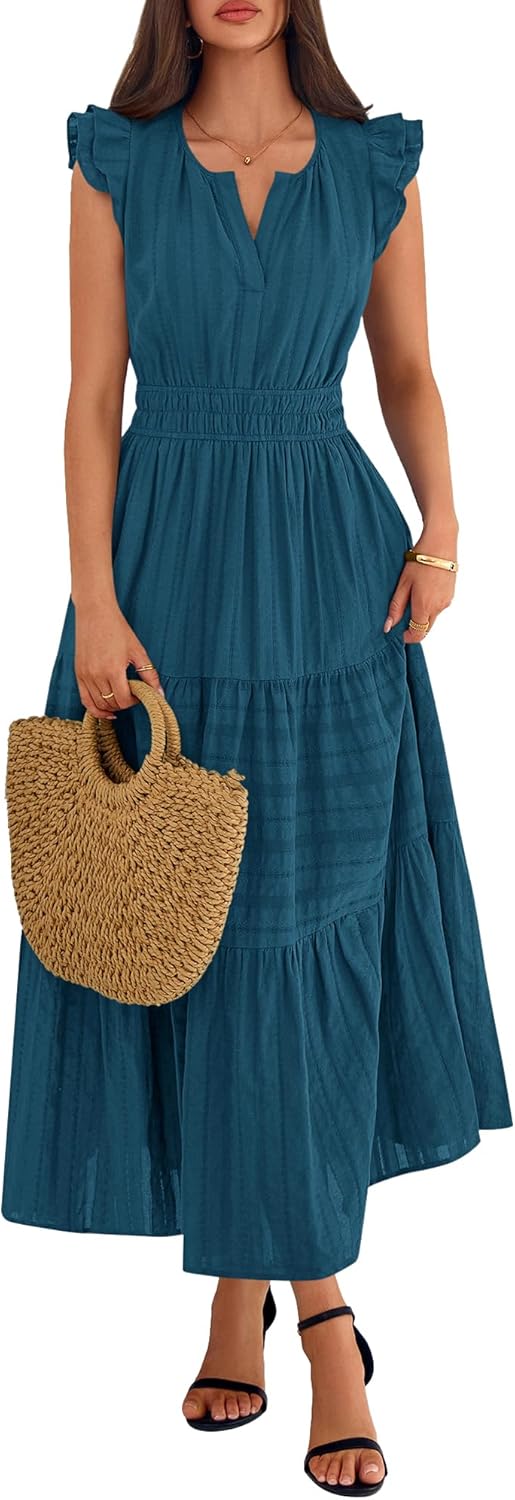 BTFBM Womens Summer Maxi Dress 2026 Spring Boho Vacation Ruffle Flutter Short Sleeve A Line Tiered Flowy Dresses Pockets - Image 6