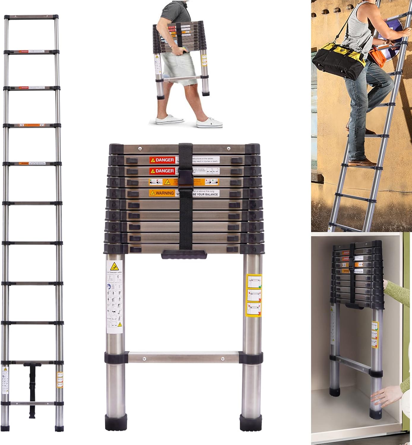 Jupitor Telescoping Ladder 10FT, Multi-Purpose Collapsible Ladder, Stainless Steel, 330 Lb Capacity