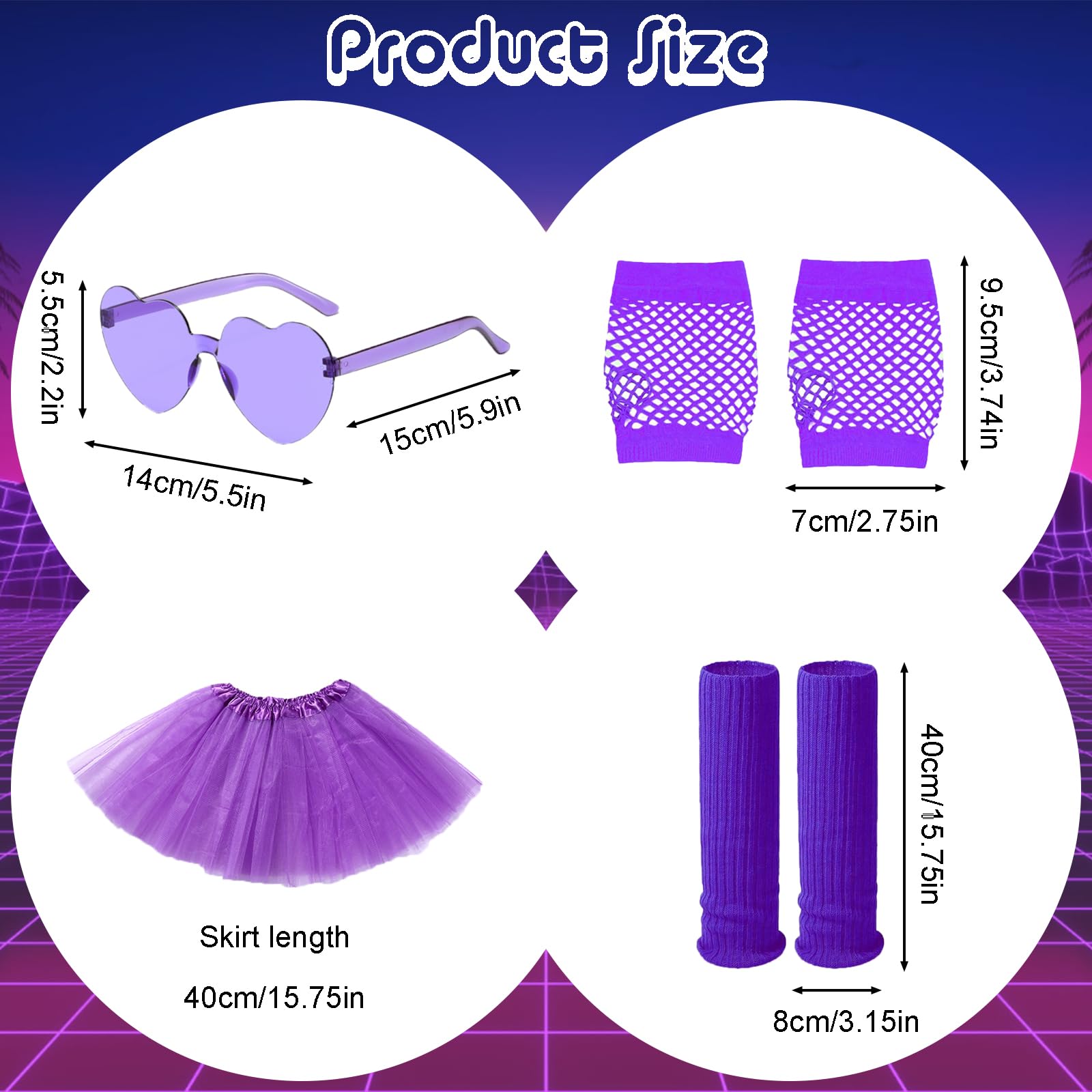 BOZILY 80s Fancy Dress for Women,Neon Accessories for Women with Necklace,Earring,Heart-Shaped Glasses,Lace Bow Headband,Fishnet Gloves,Leg Warmers,Tutu Skirt,for Retro Theme Party - Image 3
