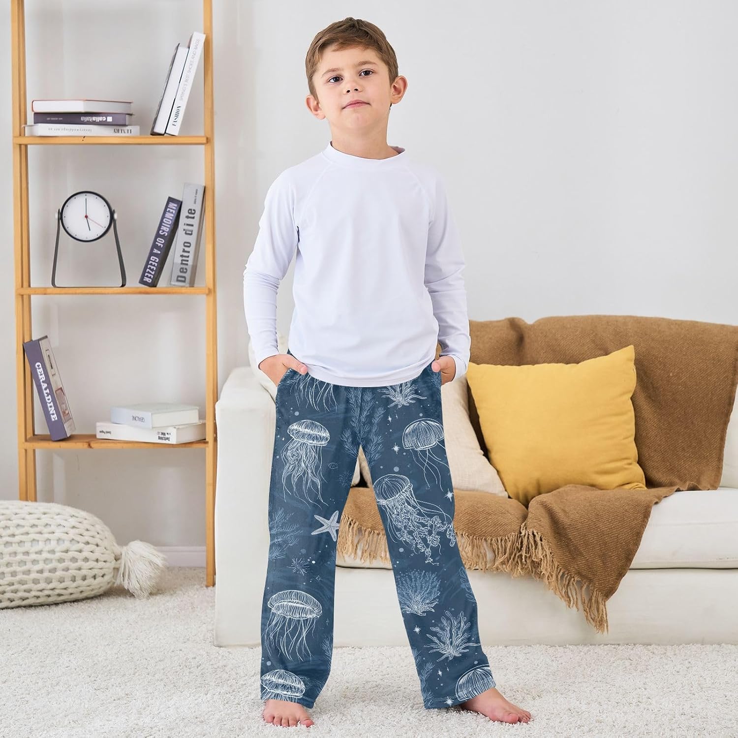 Jellyfish Starfish Ocean Boys Pants for Kids Fleece Bottoms Long Jogger Pants Trousers with Pockets Size 6-14Y