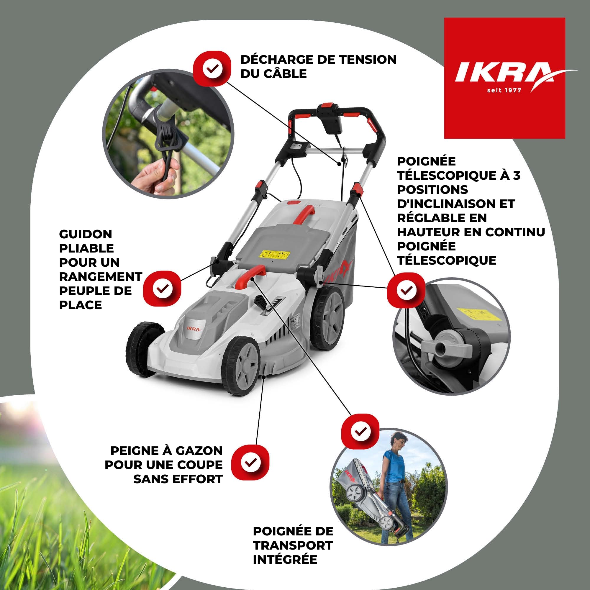 IKRA Tondeuse électrique IERM 2043 T 2000W Hauteur de Coupe 30-75mm Largeur de Coupe 43cm