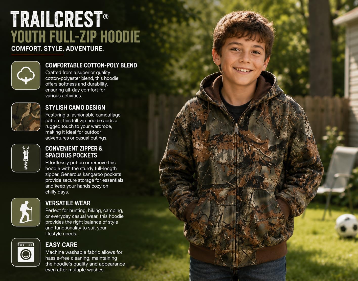Treel TrailCrest Boys Hoodie Sweatshirt- Comfortable, Stylish Camo Jacket for Outdoor Activities, Hunting and Casual Wear