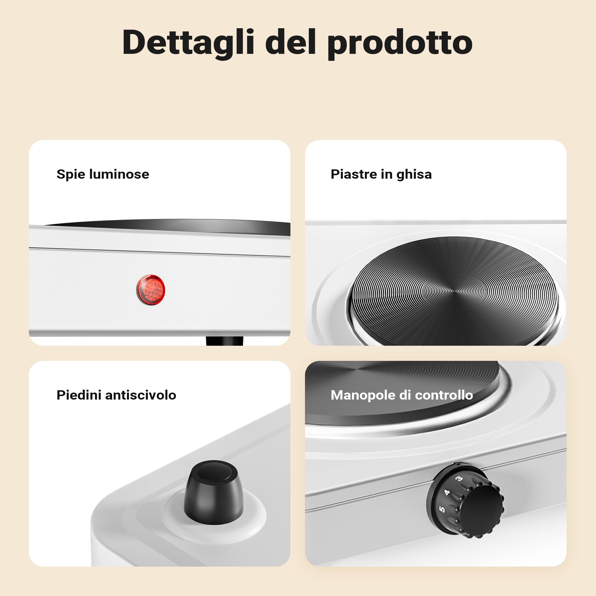 Wiltec Fornello elettrico portatile a due piastre in ghisa, 2000 w, protezione anti sovraccarico, da campeggio