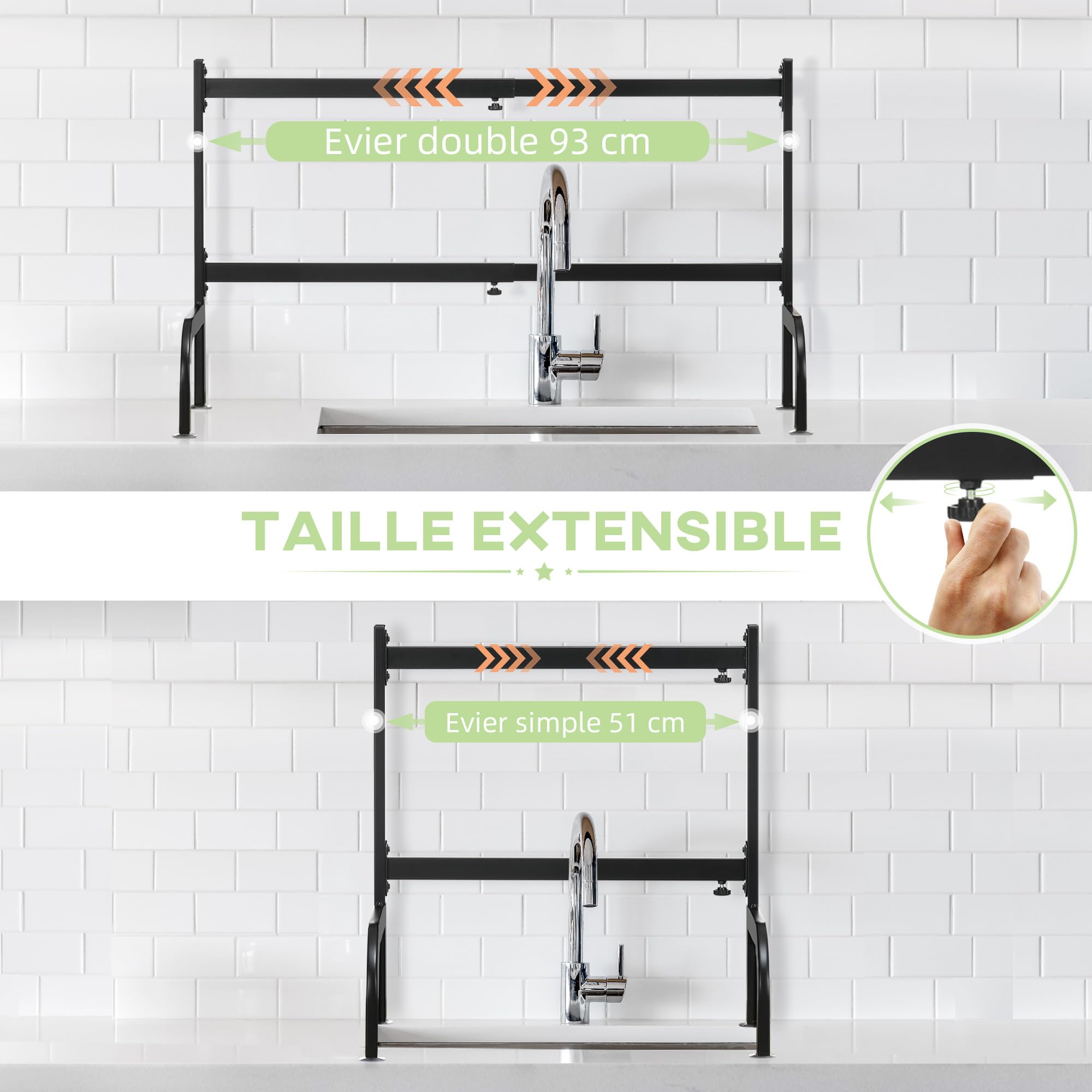 HOMCOM Scolapiatti sopra Il lavandino, essiccatore a 2 Livelli, Larghezza Regolabile da 51 a 93 cm, modulabili in Acciaio, Nero