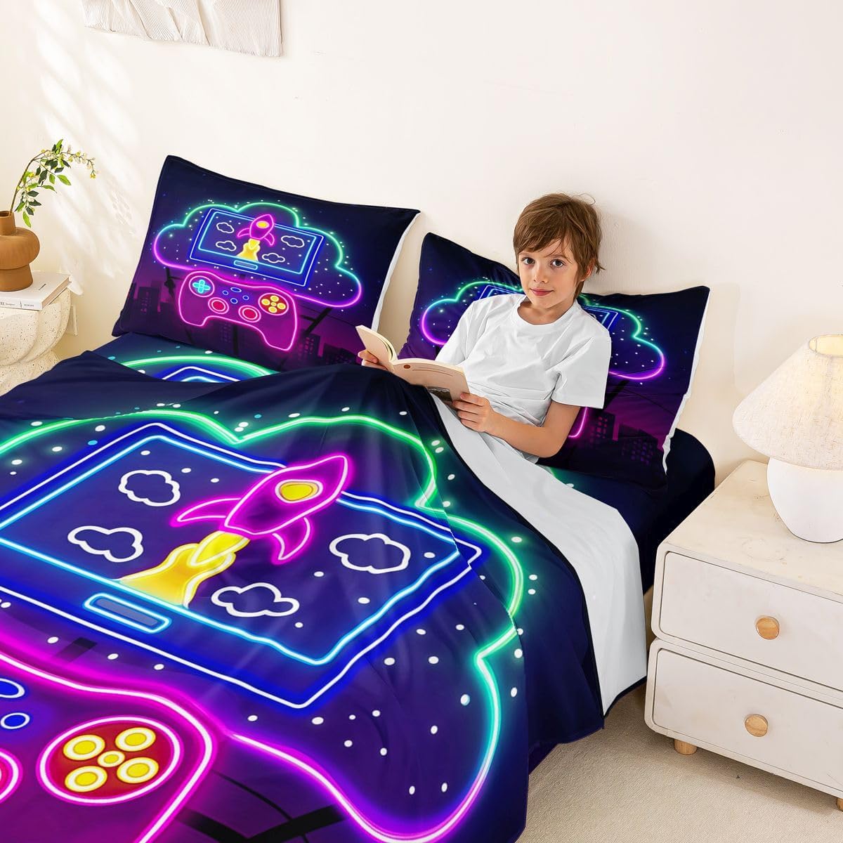 Erosebridal Gaming Bed Sheets Queen Purple Gamepad Sheet Set for Kids Boys Girls Modern Gamer Bed Sheet Set Vintage Video Games Fitted Sheet for Bedroom Decor with Deep Pocket Gaming Flat Sheet image 3