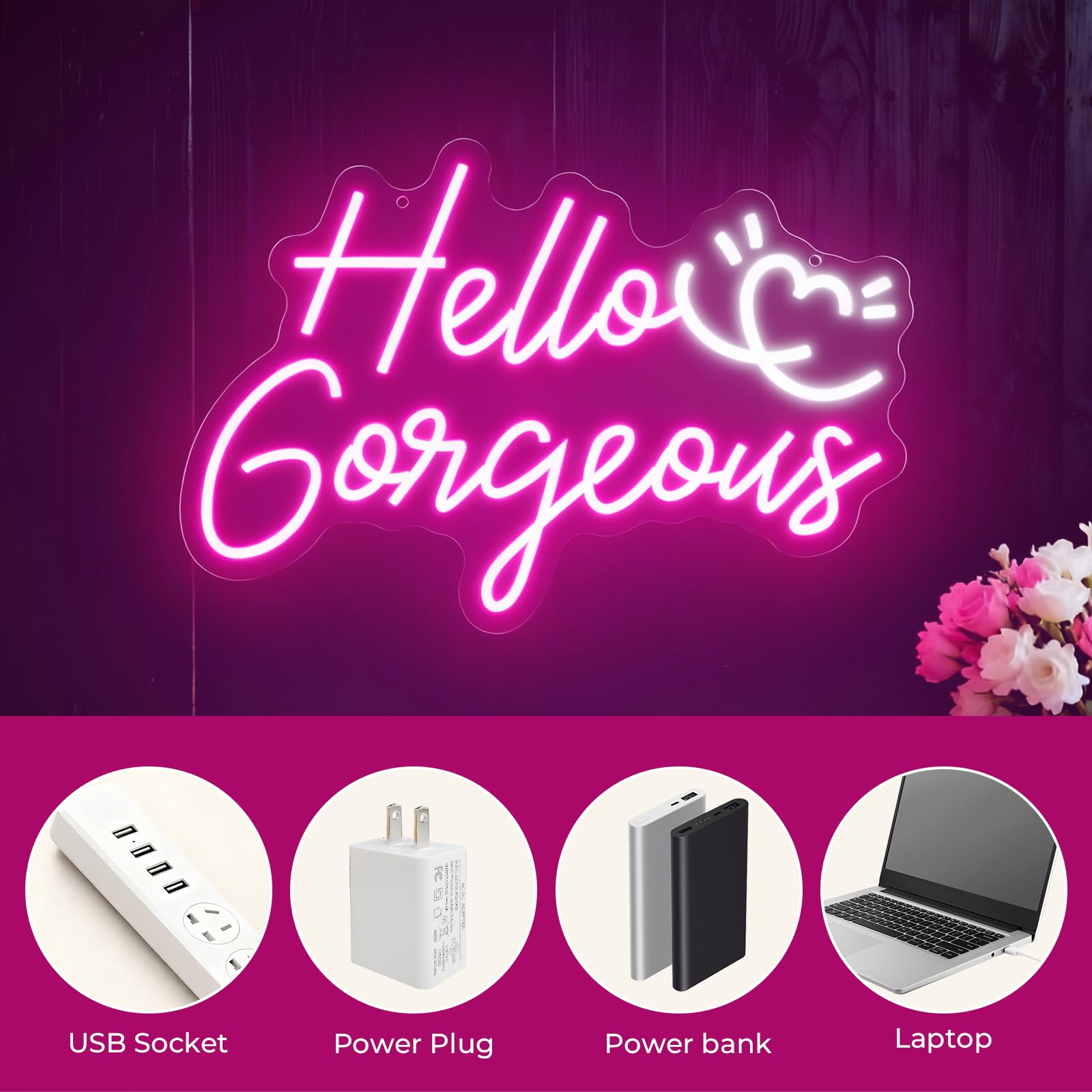 Hello Gorgeous Neonschild, 40,6 x 27,7 cm, LED-Schild, Neonschilder für Wanddekoration mit dimmbarem Schalter, Stromversorgung über USB, rosa Neonlichter für Teenager, Mädchen, Schlafzimmer