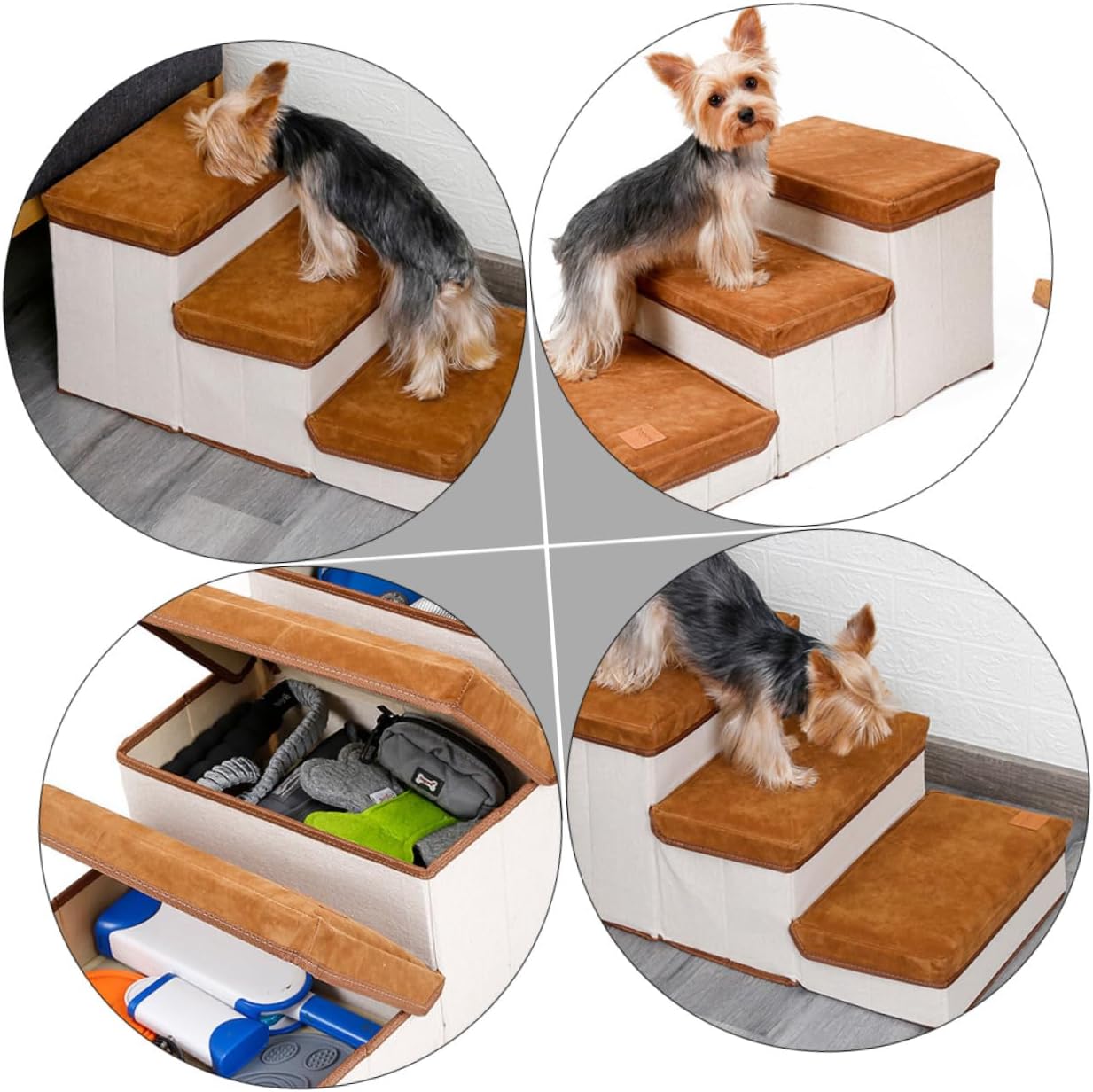 POPETPOP Foldable Indoor Dog Climbing Ladder Non-Slip Pet Stairs for Small to Medium Dogs and Cats Brown Pet Accessory for Home Use