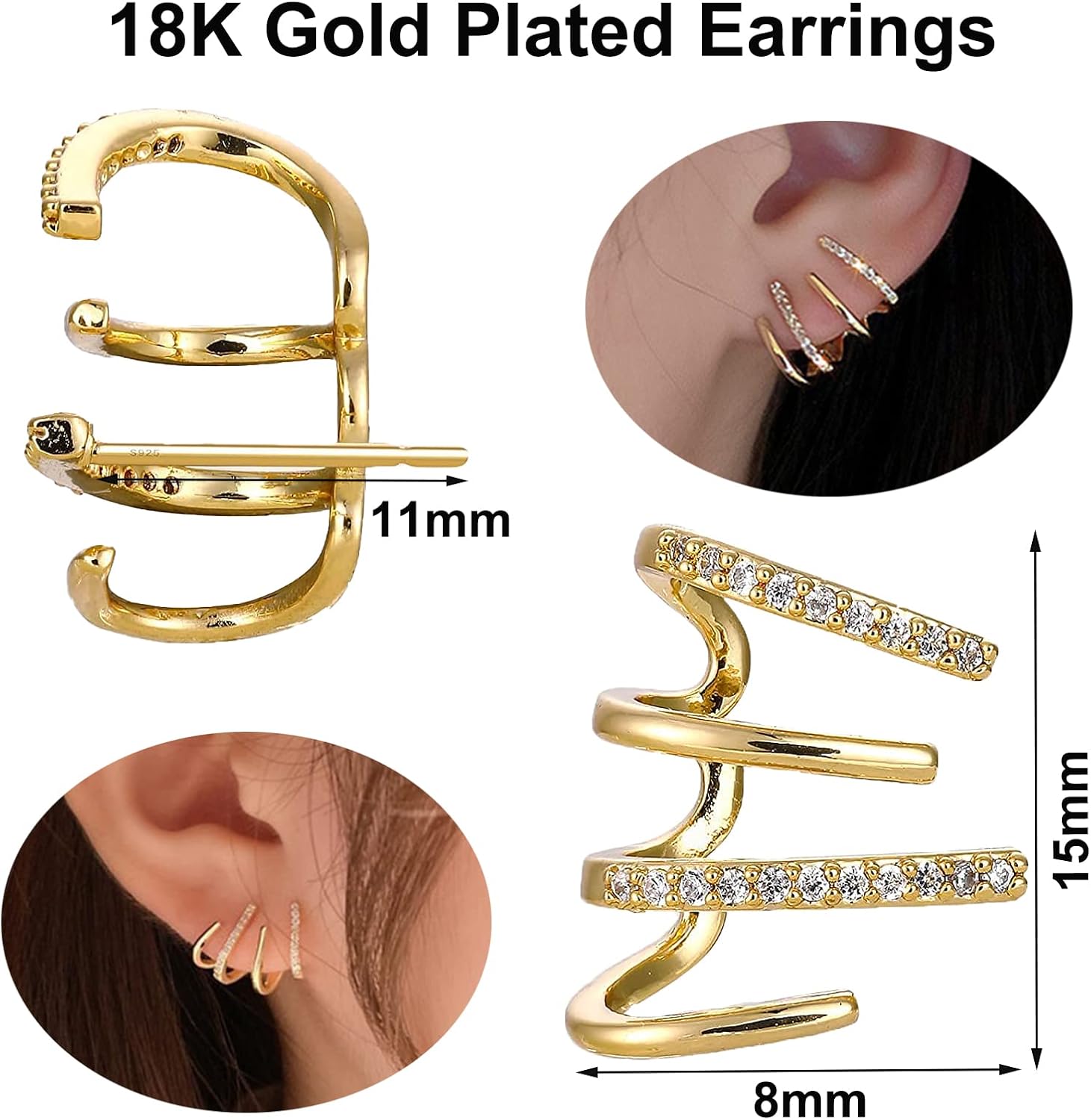 18k Gold Plated Ear Cuff Earrings for Women Claw Earrings Gold Studs Earring for Women Cubic Zirconia Diamond Hypoallergenic Ear Piercing Earring 4 Prong Wrap Earings for Girls - Image 3