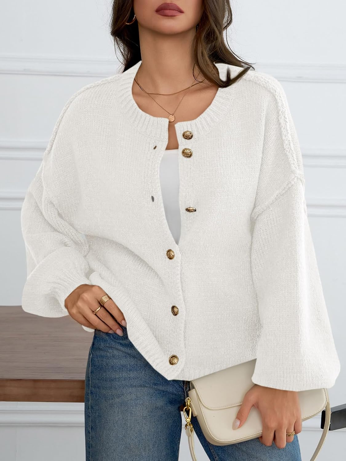 Saodimallsu Womens Oversized Cardigans Button Up Long Lantern Sleeve Chunky Knit Casual Soft Fall Sweater Coats - Image 3