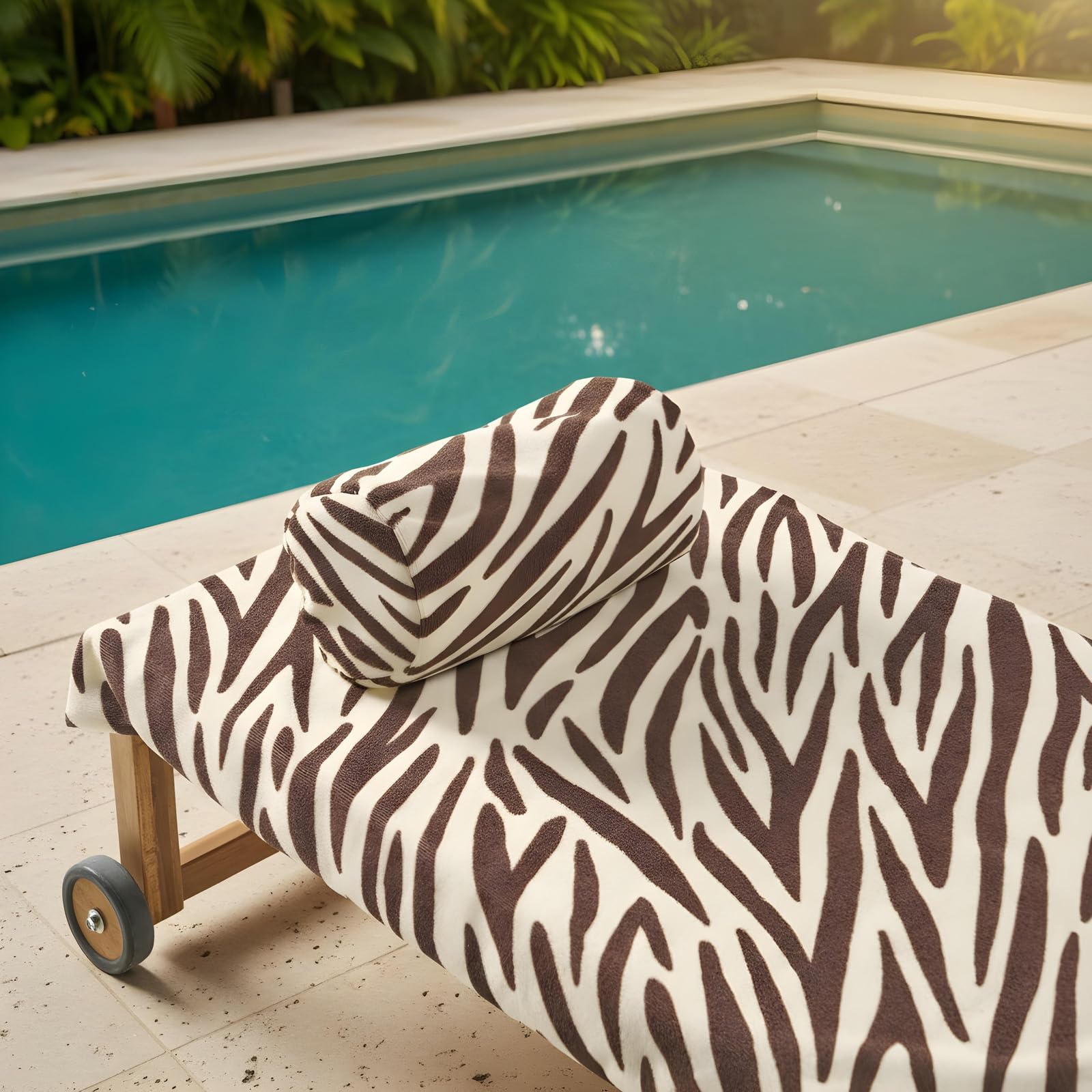 OHS Large Beach Towel in a Bag Quick-Dry Absorbent Sun Lounger Towel with Pockets & Sunbed Pillow for Sun Loungers Inflatable Beach Bolster Pillow Travel Summer Holiday Essentials Bundle, Zebra Brown