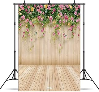 WOLADA 5x7FT Flower Wall Backdrop Spring Backdrop Spring Floral Photo Backdrop Brown Wood Plank Flower Wall Photography Backdrop Girl Birthday Party Wedding Shower Photography Background 8909