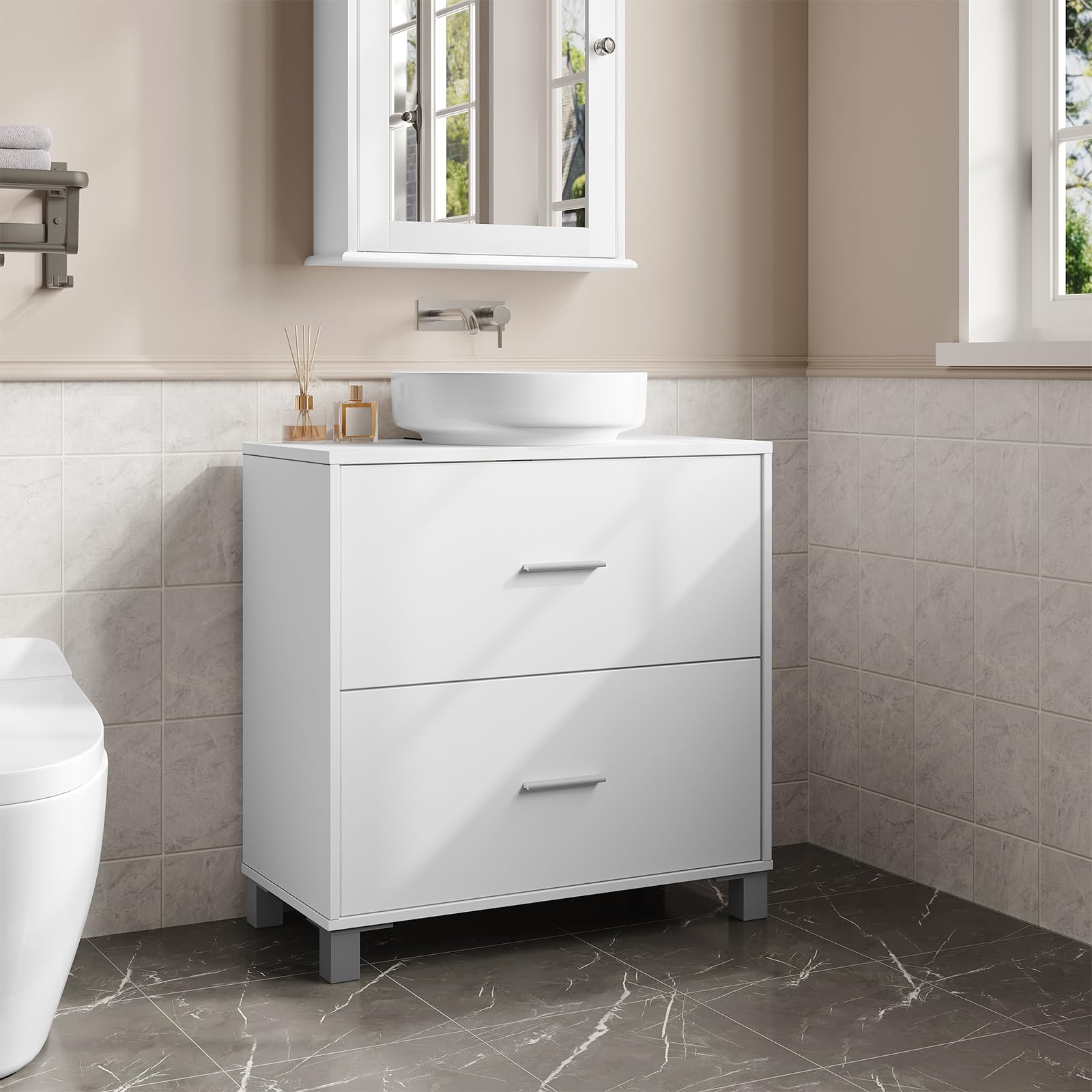 eSituro Mobile da Bagno Sottolavello, Mobile da Pavimento per Bagno, con 2 Cassetti, 60x30x60 cm, Bianco
