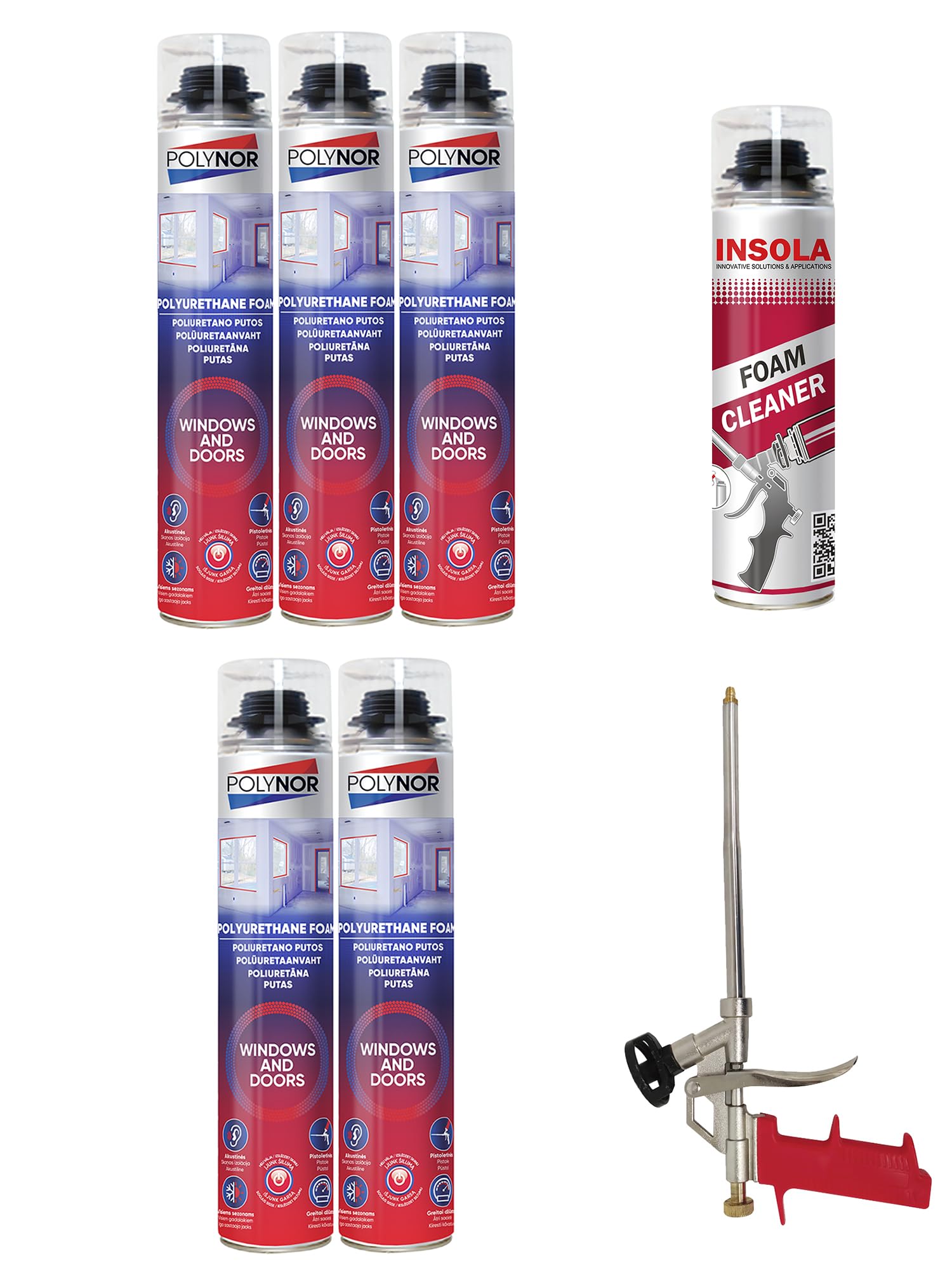 Mousse Expansive Pistolable 750 ml | Montage, Isolation et Calfeutrage, Lot 5 Mousses + 1 Pistolet + 1 Nettoyant