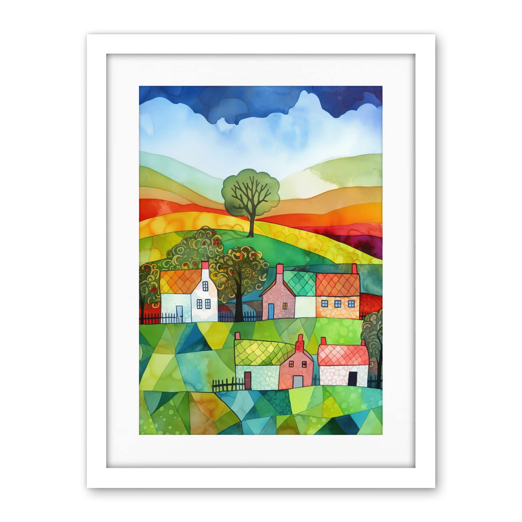 Artery8 Rural Landscape Rainbow Countryside Folk Art Watercolour Painting Artwork Framed Wall Art Print 18X24 Inch
