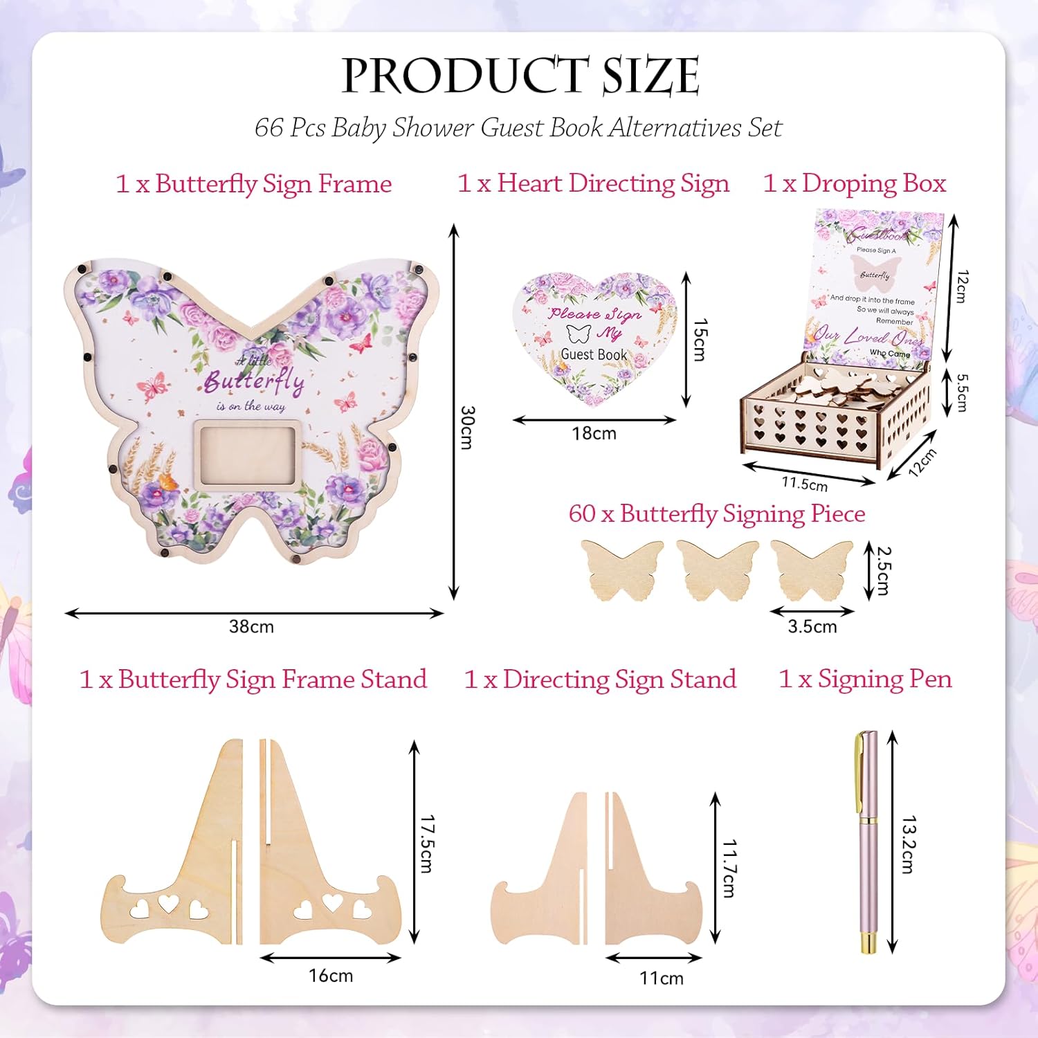 66pcs Butterfly Baby Shower Guest Book Alternative Wooden Guest Sign in Butterfly with Sonogram Photo Frame Butterfly Floral Guestbook Pregancy Keepsake Gender Reveal 1st Birthday Party Decorations