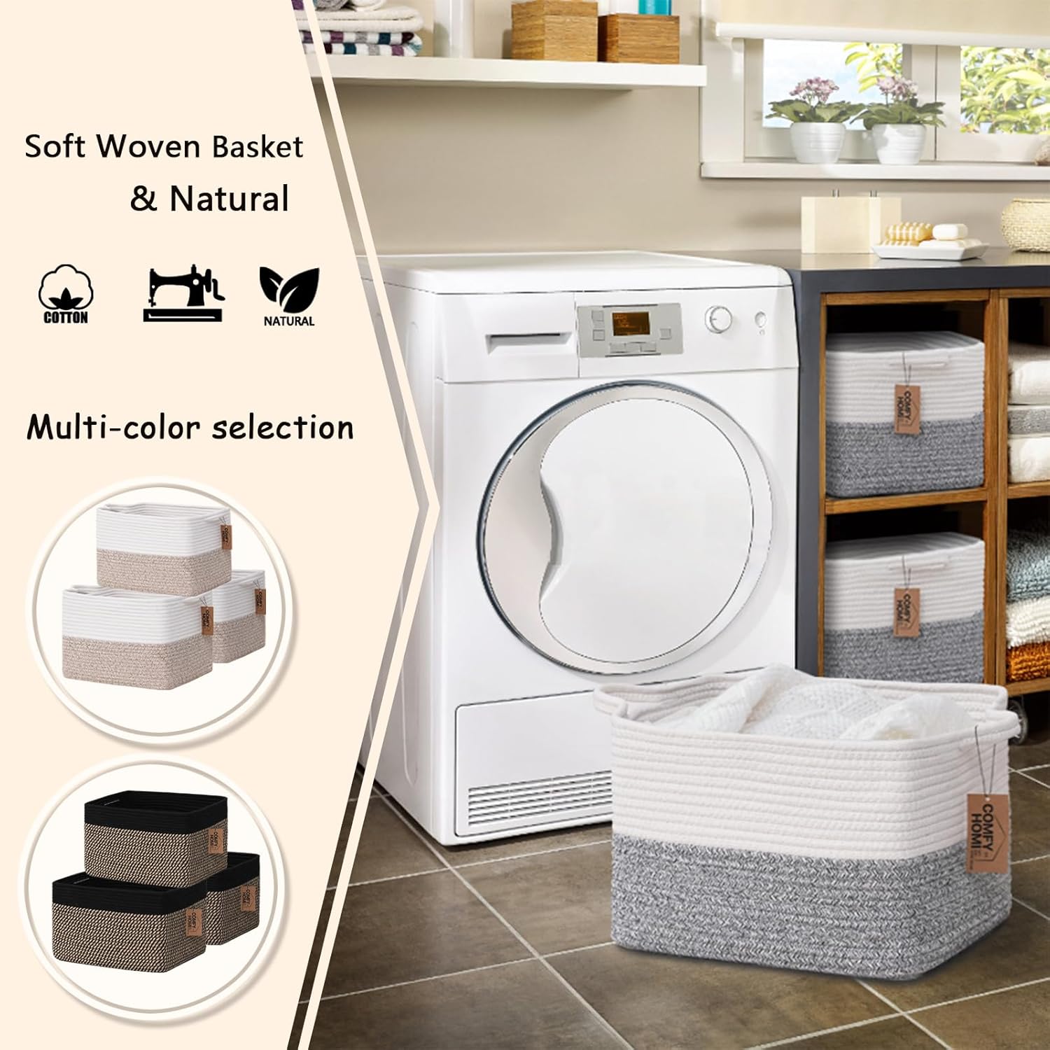 COMFY-HOMI 3-Pack Cotton Rope Woven Rectangular Basket with Handles for Organizing, 13.5" x 11" x 9.5", White/Grey