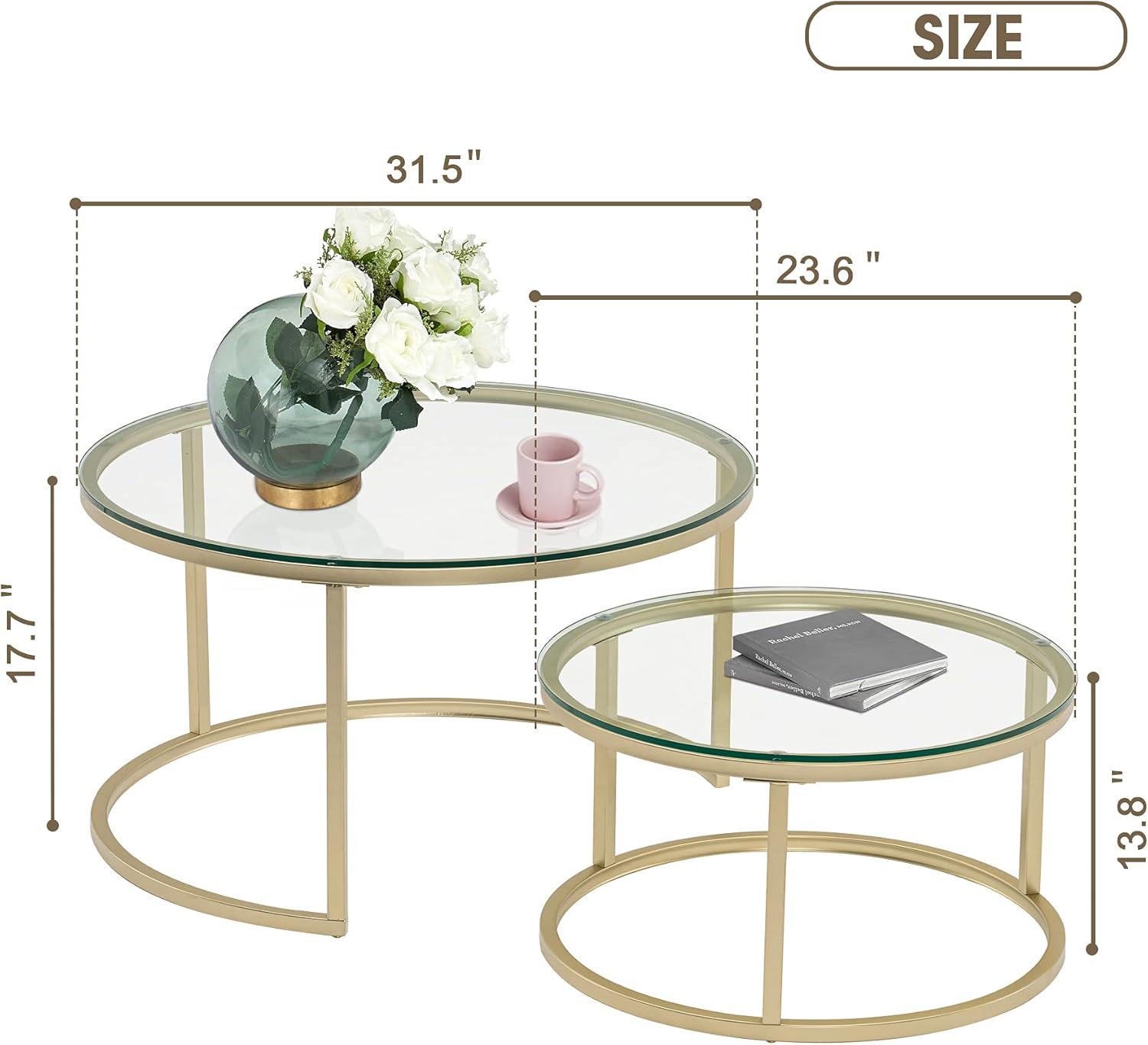Ivinta Round Nesting Coffee Table Set of 2, Modern Tempered Glass Coffee Tables for Living Room, Accent Clear Gold Side Tables Set End Tea Table for Small Space Balcony Home Office Café : Home & Kitchen