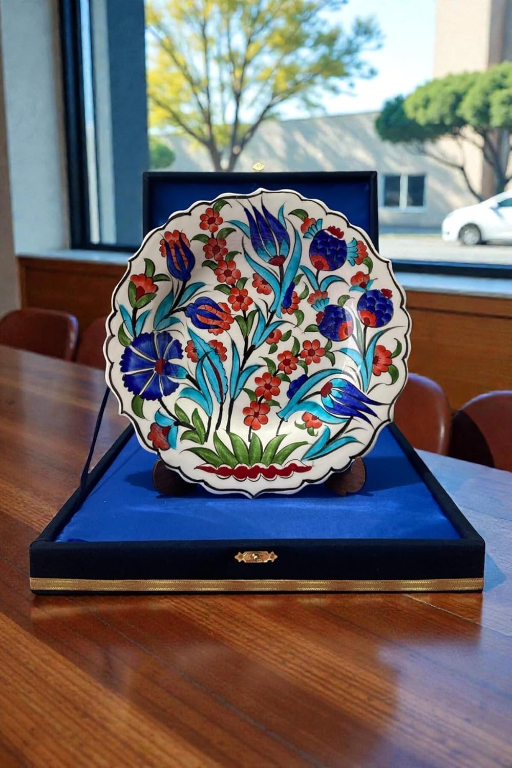 SODEF Decorative Plate Handmade 9.8 in Ceramic Tile with Velvet Box, Special Samur Craftsmanship, Blue Turquoise Orange Floral Design, Home Decor - Blue, One Size