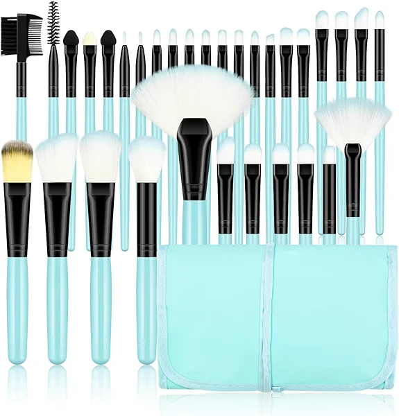 Generic Makeup Brushes 32pcs Makeup Kit,Synthetic Bristles for Foundation Powder Eyeshadow Brush Concealers Blush Face Make up Brushes Professional Set and Fabric Storage Bag, Blue