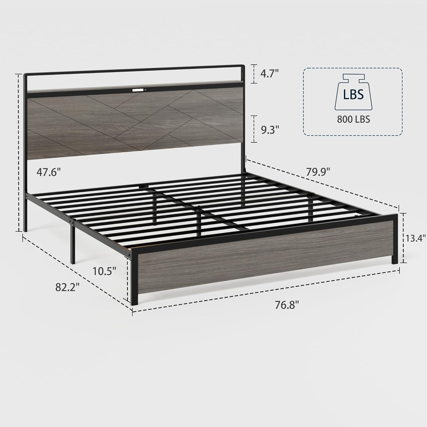 King Size Bed Frame with Storage Headboard, Metal Platform Bed with LED light and 2 USB, Sturdy Metal Slat Support, Large Underbed Storage, No Box pring Needed, Easy Assemble (Antique Grey, King)
