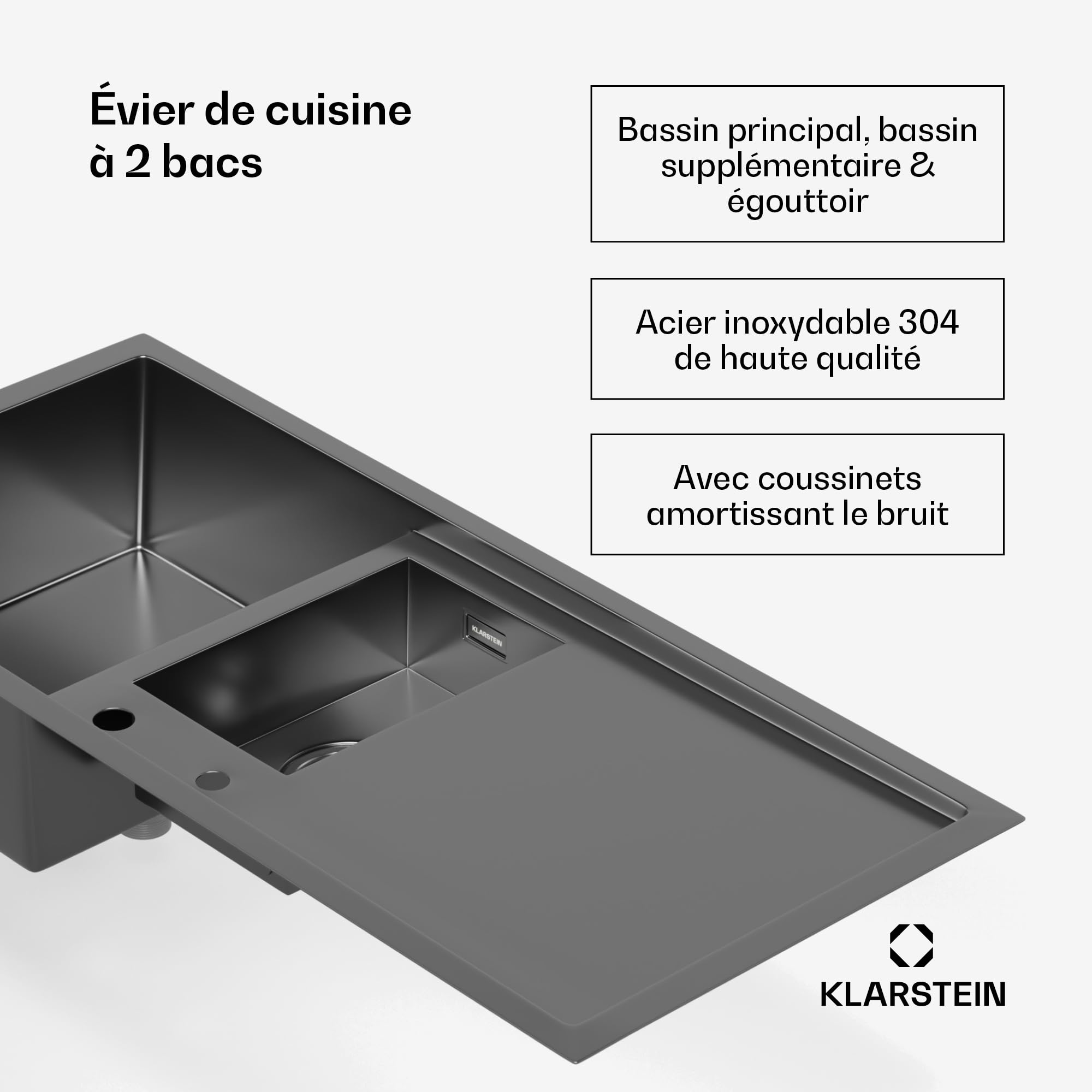 Klarstein Évier de cuisine inox – bac 1,5 avec égouttoir,acier inoxydable 304,résistant aux rayures & à la chaleur, facile à nettoyer, trop-plein & kit d'installation inclus, 100x45 cm, gris métallisé