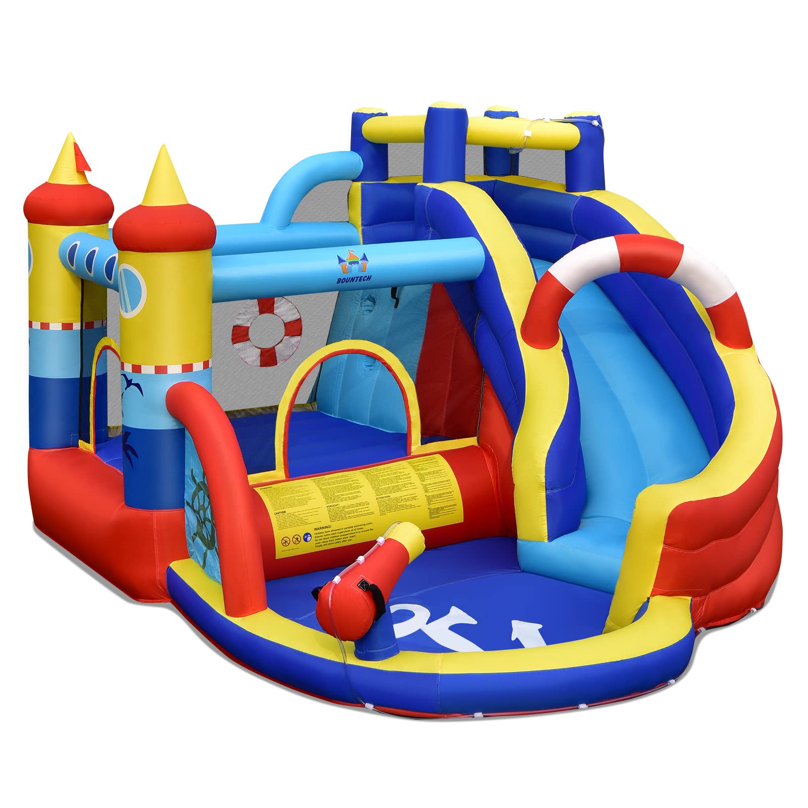 COSTWAY Castello Gonfiabile per bambini, Casa Gonfiabile con Scivolo, Area per Saltare, Piscina, con Borsa di Trasporto e Kit di Riparazione, per 4 Bambini di 3-12 Anni (Senza soffiatore)