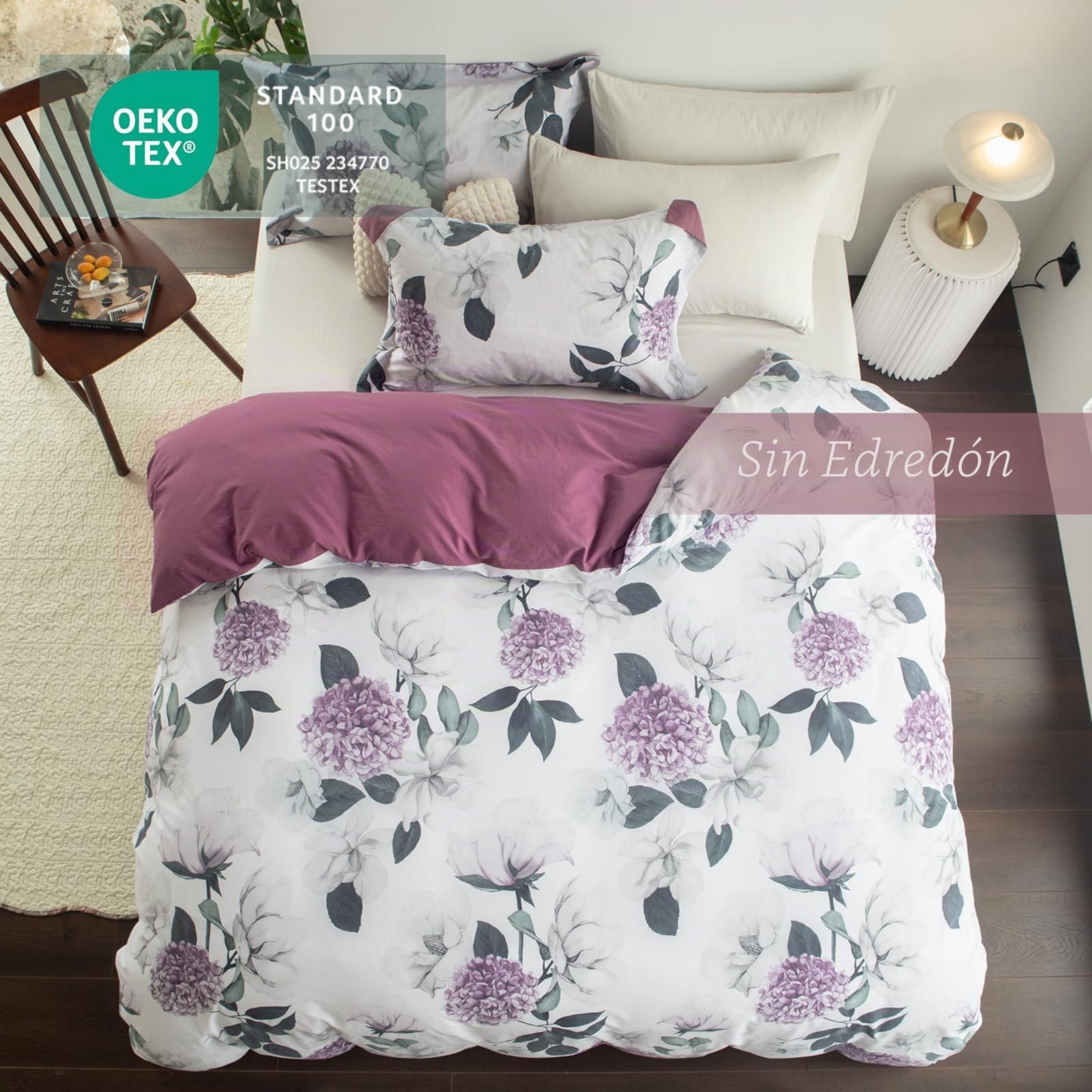 MILDLY Funda de edredón 220x240 de algodón con flores de hortensia violeta, 100% algodón lavado, textura de lino, certificado Oeko-TEX, juego de cama tropical con flores 220x240 de algodón con 2