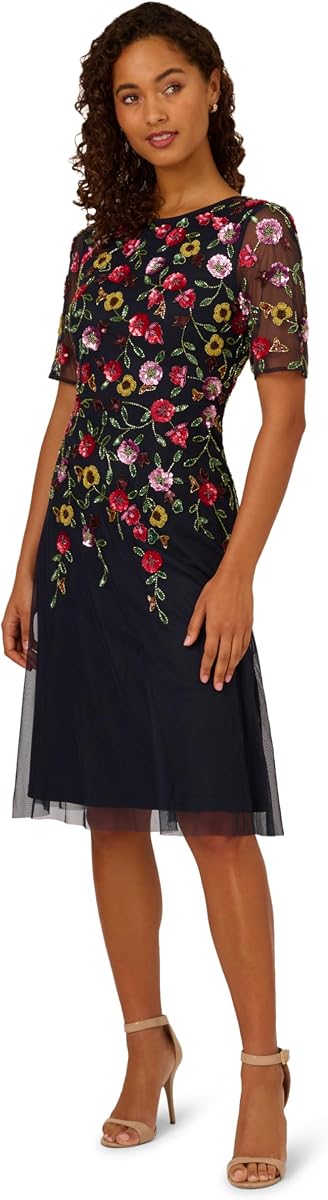 Vestido midi de malla con cuentas de Adrianna Papell
