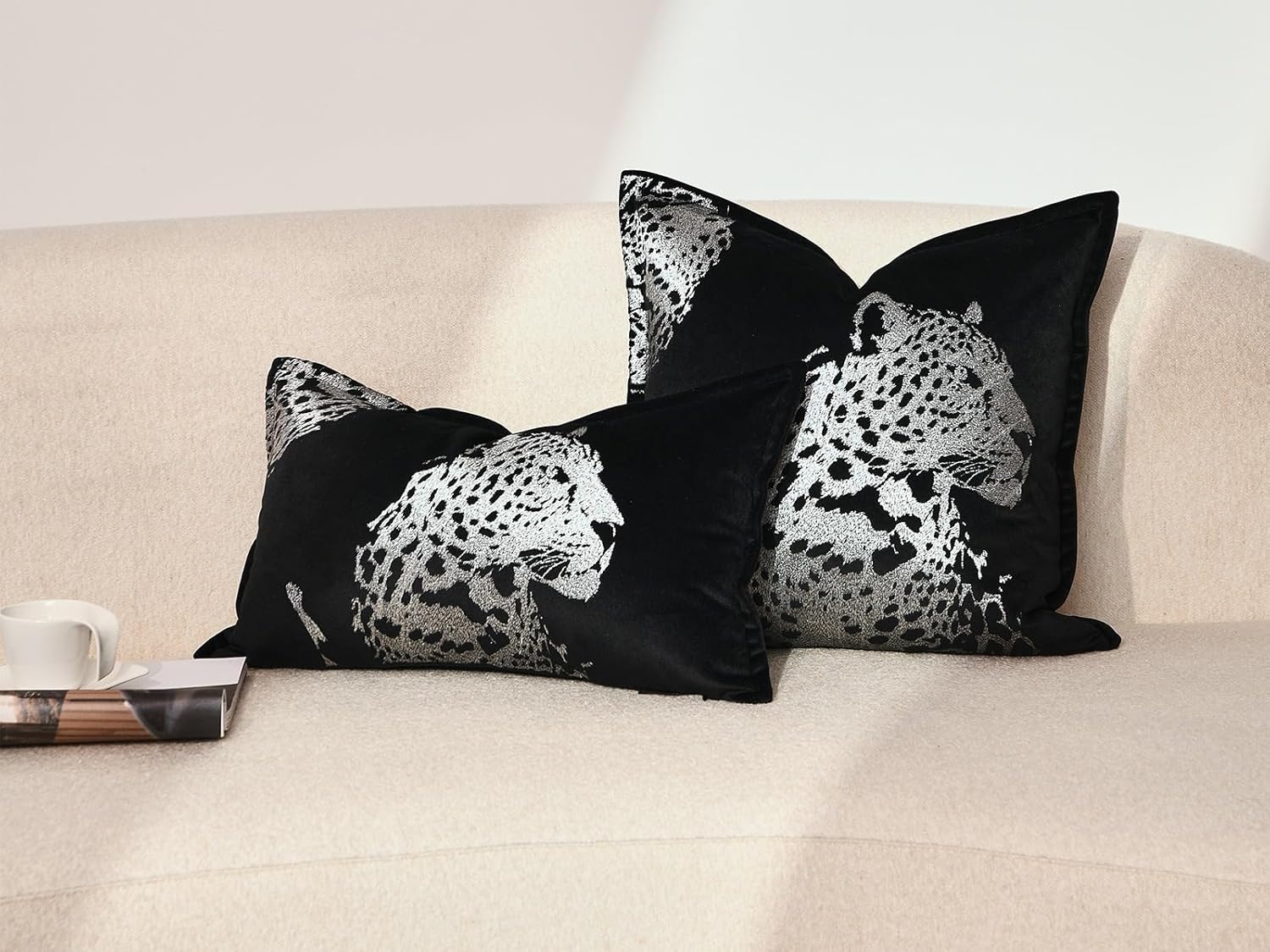 Velvet Lumbar Pillow Covers 12x20'' inches, Handmade Embroidered Cheetah Face Throw Pillow Case, Luxury Soft Decorative Cushion Cover for Sofa Bed Couch Living Room(Silver)