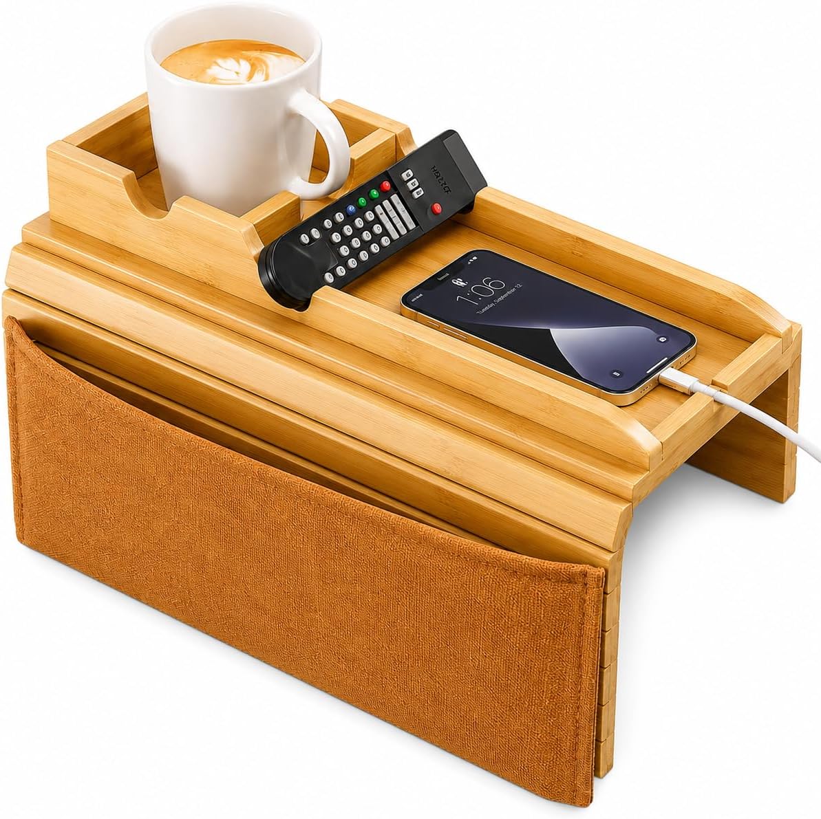 Bamboo Couch Cup Holder Tray for Sofa Armrest, 2-in-1 Slide-Away Detachable Anti-Slip Couch Arm Tray, Fabric Storage Pocket & 2 Acacia Wood Coasters